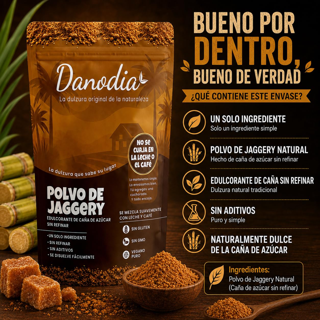 Danodia Foods Jaggery en Polvo 950 g / 2 lb, Endulzante Tradicional en Bolsa Resellable, Especialmente Formulado para Leche, Té, Café, Postres y Cocina Diaria