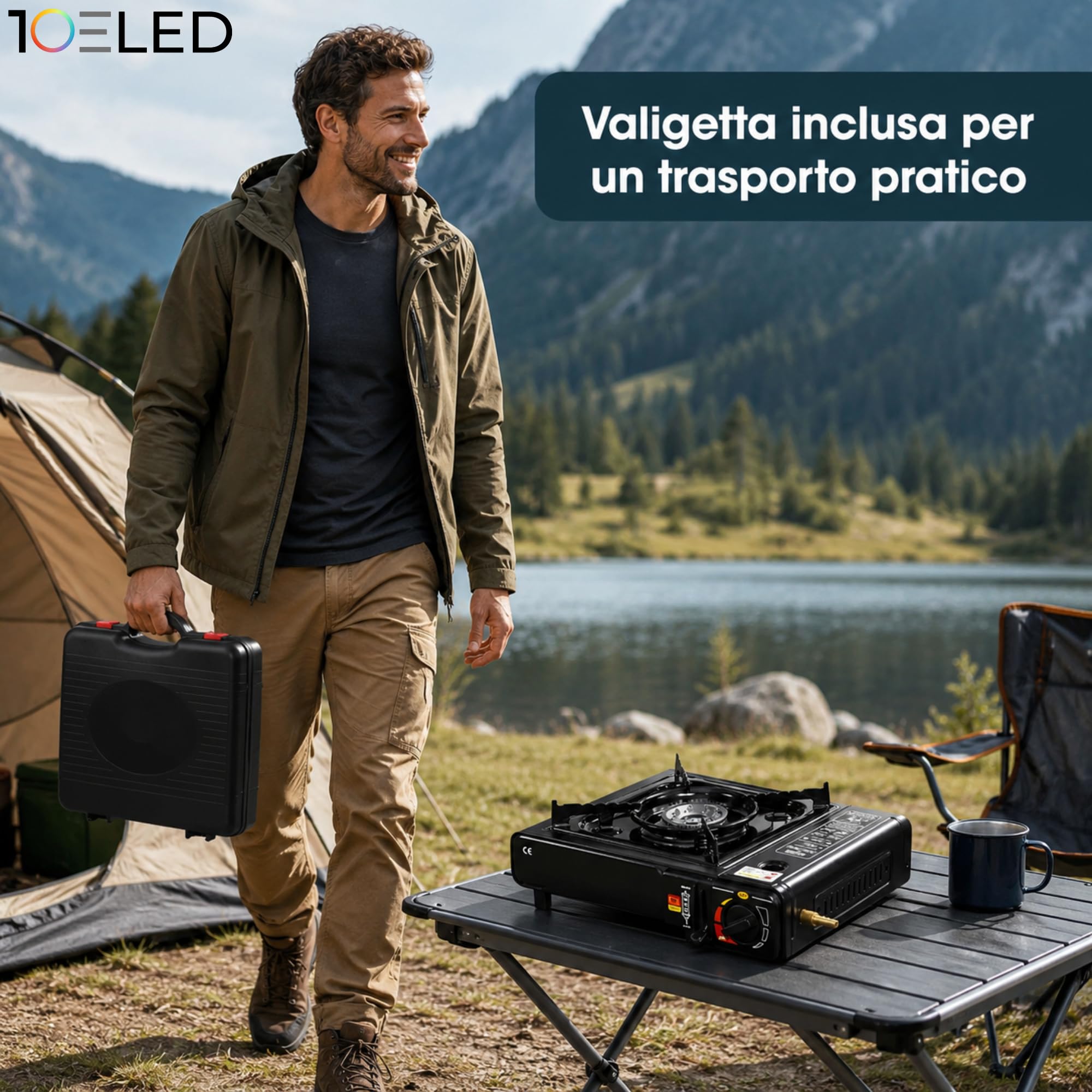 Fornello da Campeggio a Gas Portatile con Doppio Attacco Butano o GPL - Fiamma INTENSA e REGOLABILE - Valigetta Rigida - Fornello a Gas per Campeggio, Outdoor, Trekking, Camper e Altro