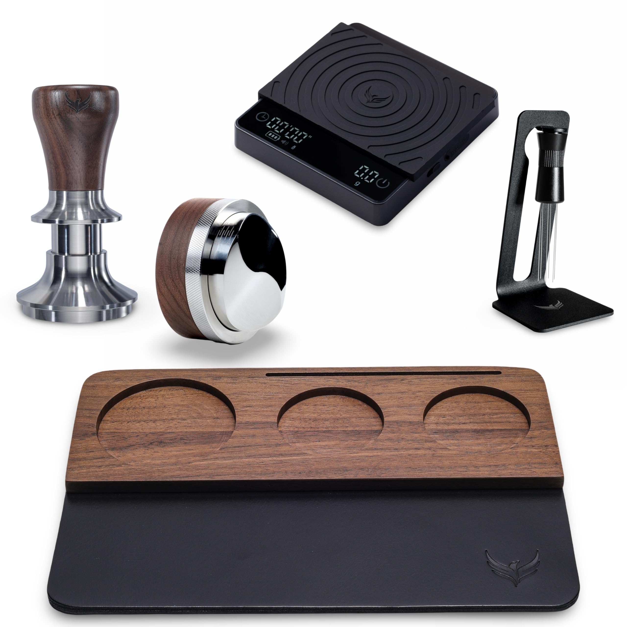 KNODOS 58mm Espresso Puck Prep Kit – Spring Loaded Tamper, Leather Espresso Organizer Mat…