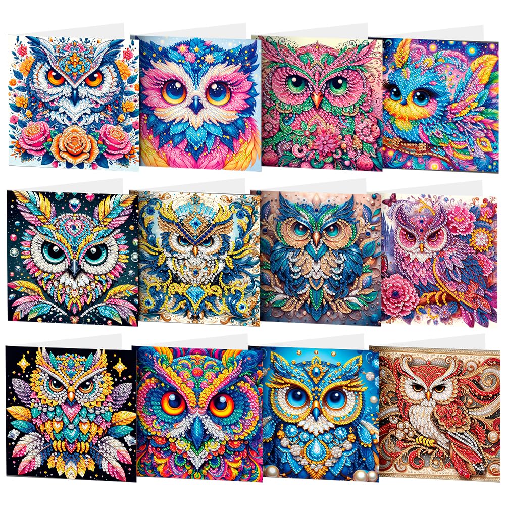 LOTUSHU Diamond Art Card Kit - 3D Rhinestone Owl Greeting Card for Birthday/Anniversary, Wedding Invitation, Birthday Christmas Diamond Painting Kits for Beginners, 15 x 30 cm, 12 Cards(HU-24)