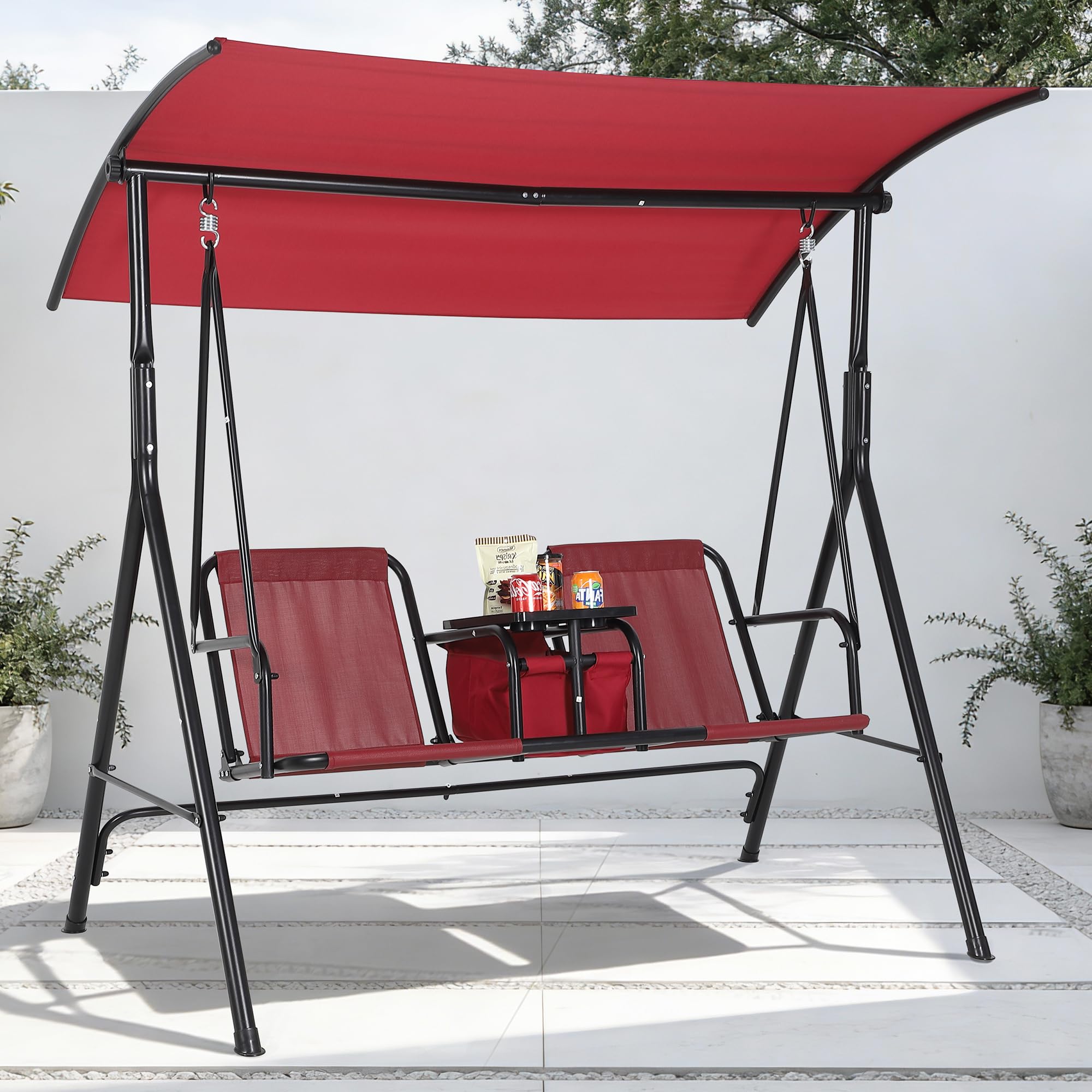 Balancelle de Jardin 2 Places avec auvent réglable – Tablette pivotante avec Rangement + Porte-gobelets – Sac Isotherme – Cadre en Acier Robuste (Bordeaux)