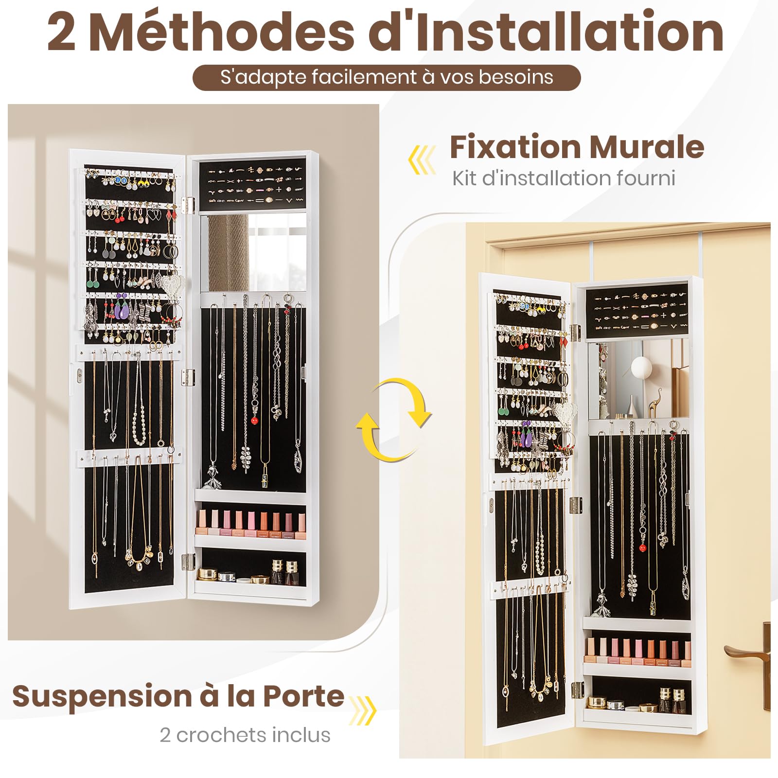 GOPLUS Armoire à Bijoux Mural avec Miroir et 3 Niveaux d’Étagère Intégrée, Armoire de Rangement Cosmétiques Accrochée à la Porte avec Divers Compartiments, Convient pour Salon,Chambre (Blanc)