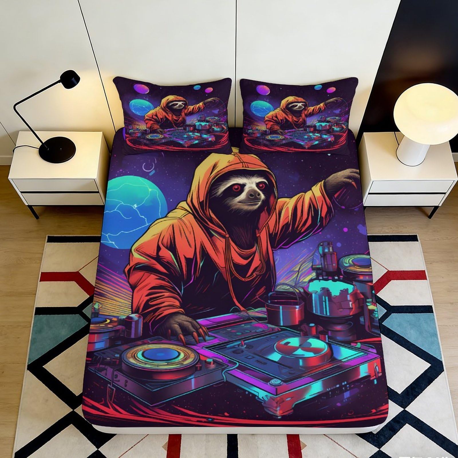 3D Printed DJ Sloth Fitted Sheet Microfiber Vibrant Night Party Bed Cover for Bedroom Dorm Mattress Protection Decor 90x200x25cm