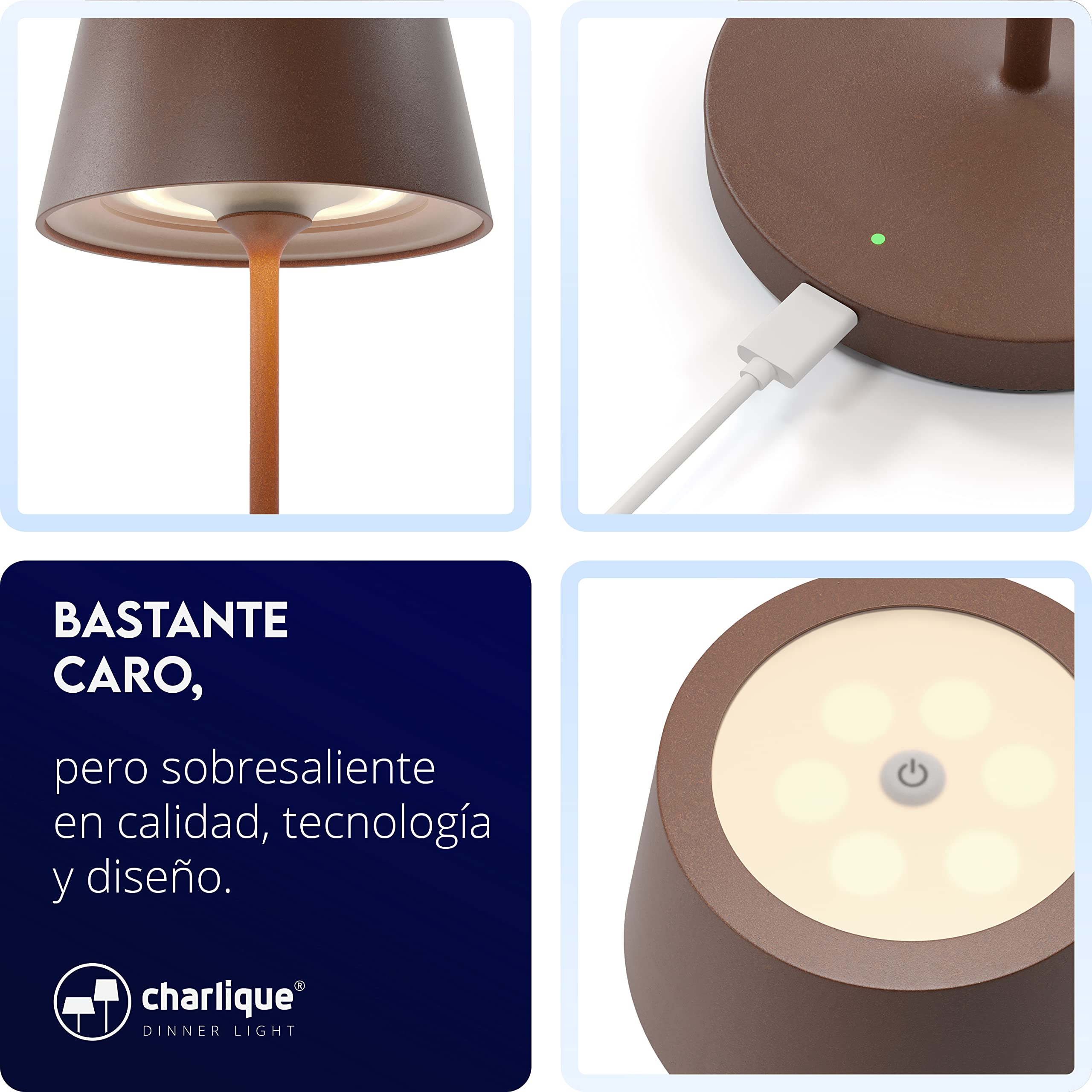 Dinner Light 2 - Lámpara mesa LED con puerto USB en color marrón, con batería extrafuerte y recargable, intensidad regulable, luz cálida, portatil para interior y exterior,