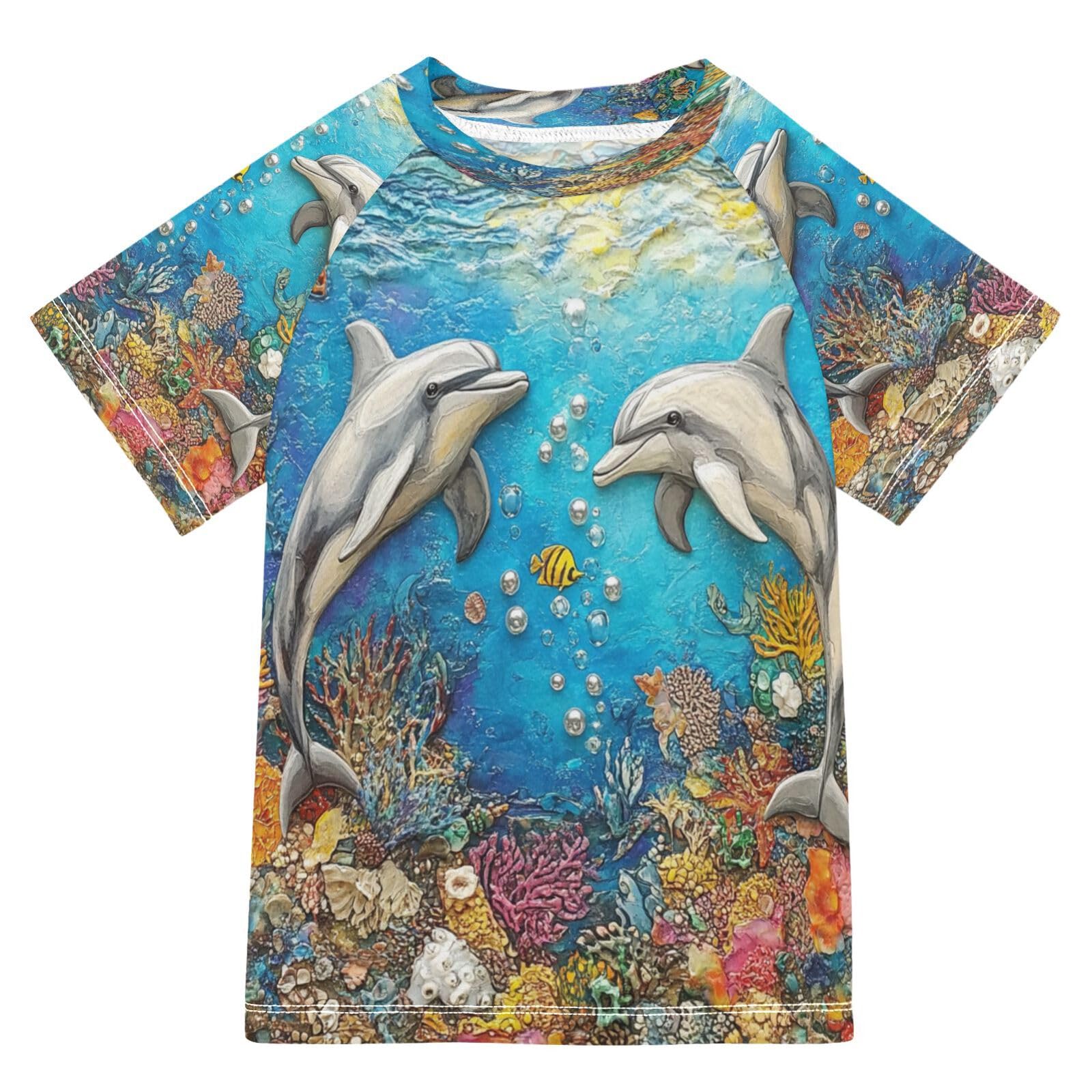Boys Sun Shirts UV Protection Short Sleeve Rash Guard Swim Shirt Dolphin Water Shirt Rashguard 7-8T,094