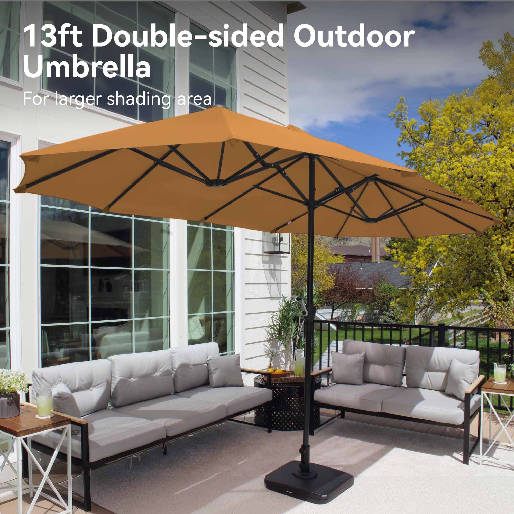 PHI VILLA 13ft Large Patio Umbrellas, Double-Sided Outdoor Market Rectangle Umbrella for Outside, Tawny : Patio, Lawn & Garden