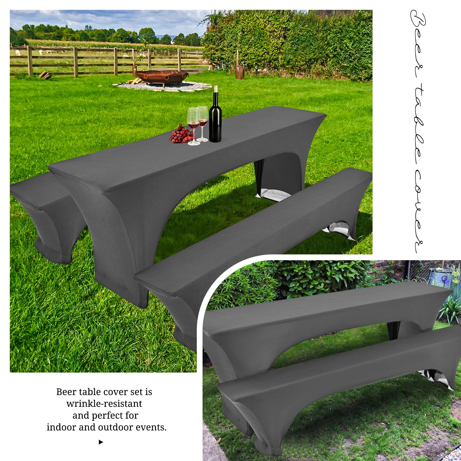 Showgeous 3 Stück dunkelgraue Biertischhussen Stretch-Biertisch- und Hockerhussen-Set für 50 cm Tischbreite Bierzelt-Set 220 x 50 x 80 cm für Bankett-Gartenmöbel im Freien (6er-Pack)