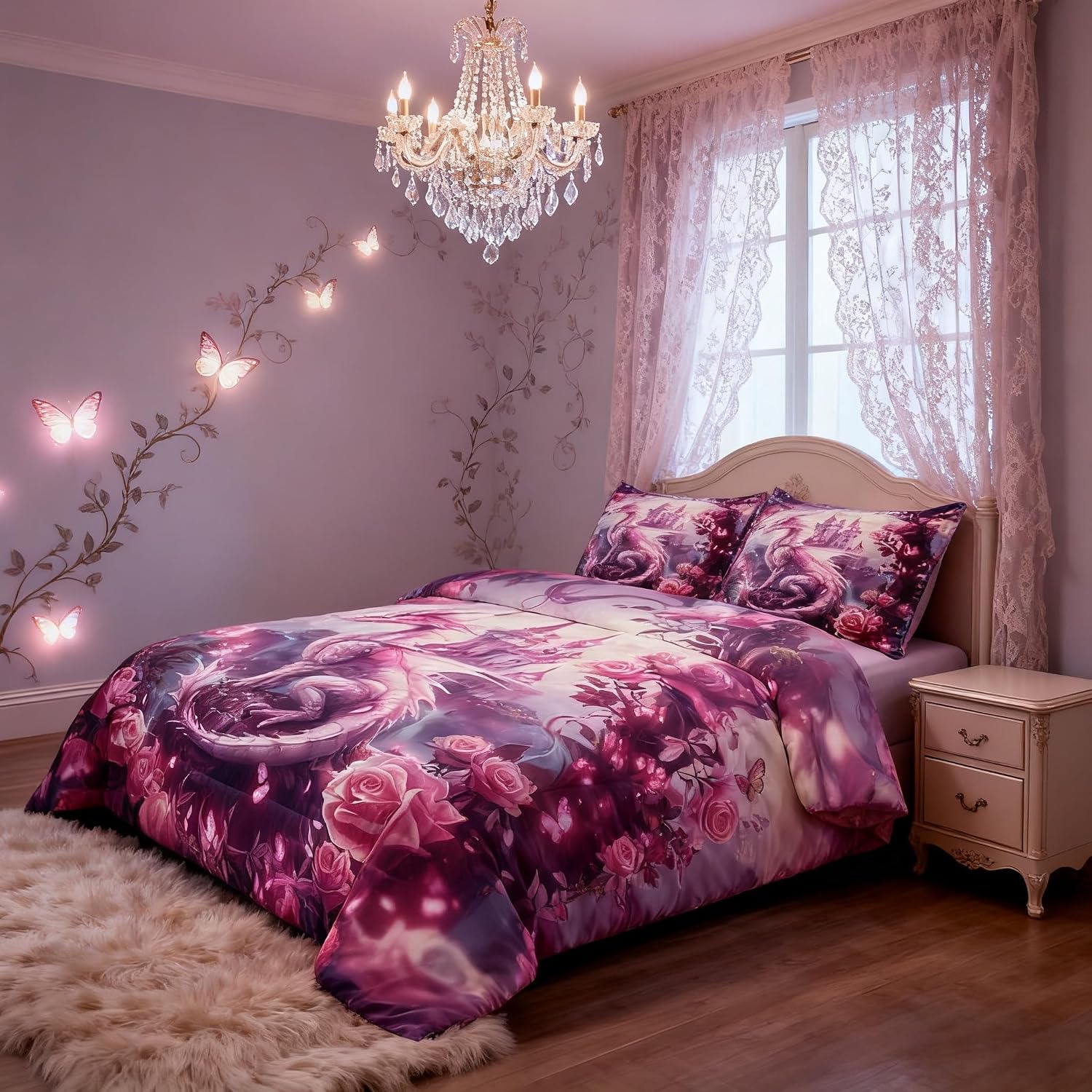 Dragon Kids Comforter Set Queen Size,Tale Castle Dragon Theme Bedding Set,Girls Boys Room Decor,Roses Flowers Butterfly Romantic Down Comforter,Pink Dreamy Duvet Insert,2 Pillowcases