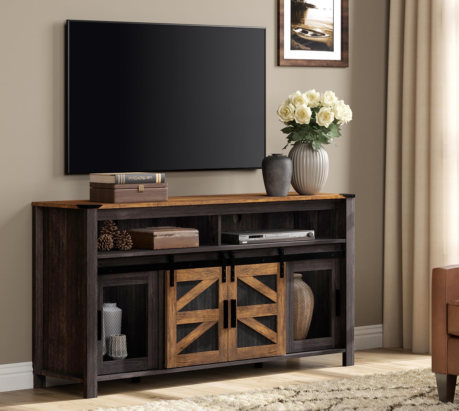 WAMPAT Farmhouse TV Stand for 65 Inch TV, Antique Black & Brown Entertainment Center with Sliding Barn Doors and Mesh Doors, Tall Media Console with Open Storage Space for Living Room, 59x15.4x31