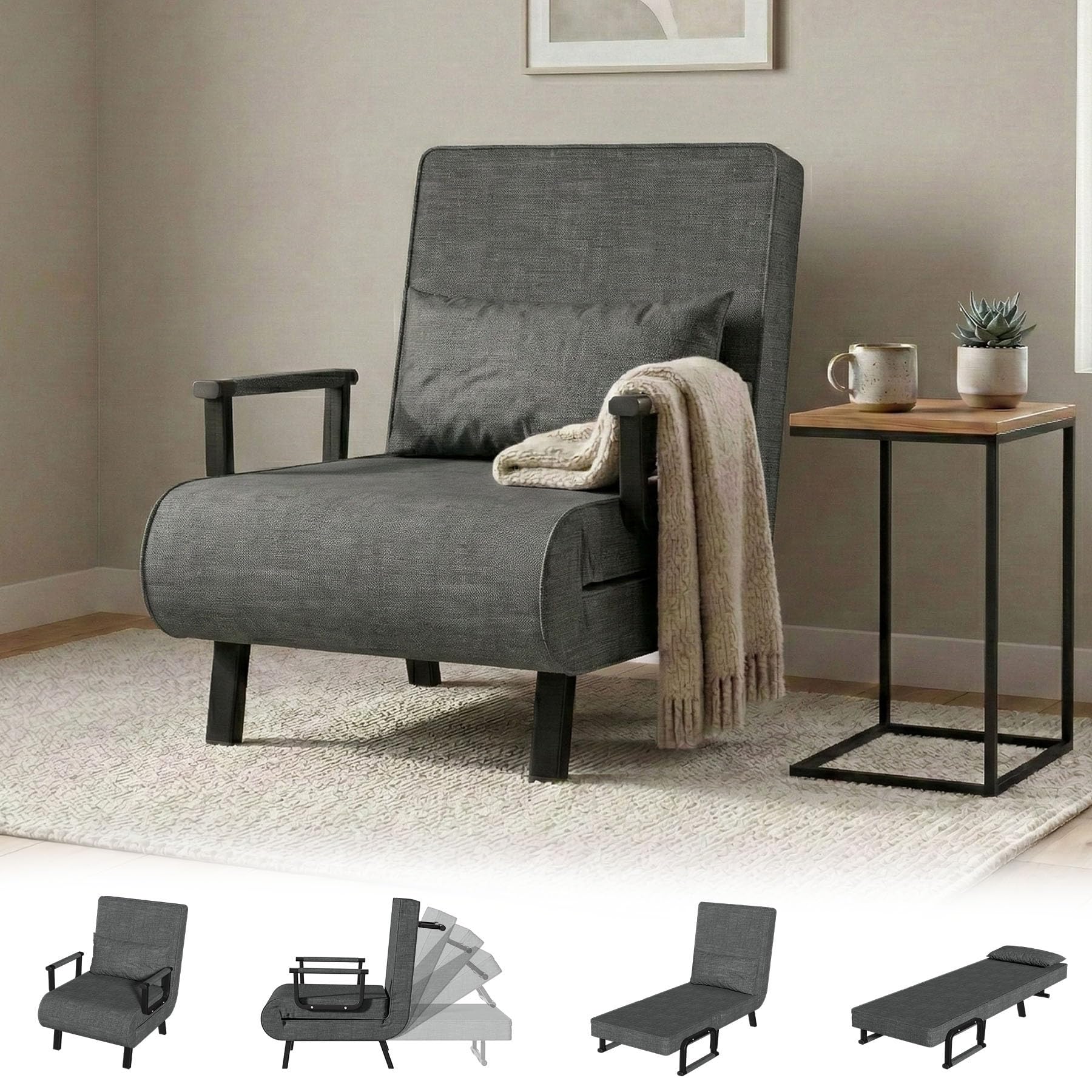 JMGJOY Single Sofa Bed Chair Folding 4-in-1 Multi-Functional Convertible Recliner Chair 6-Position Adjustable Backrest Foldable Memory Foam Metal Frame Guest Bed Max.180kg Sleeper Couch Pillow, Gray