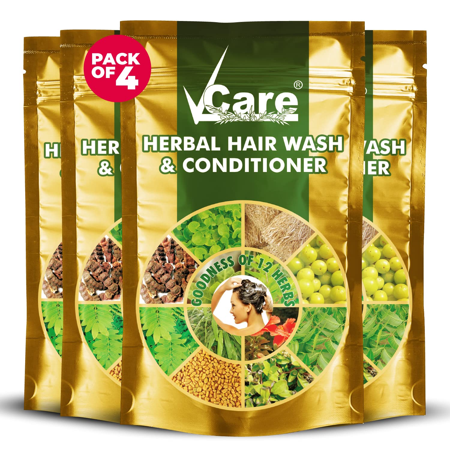 VCare Herbal Hair Wash And Conditioner For Men And Women| 100% Natural With 12+ Herbs Amla, Shikakai, Bhringraj, Hibiscus Powder For All Hair Type,-100gm (Pack Of 4)