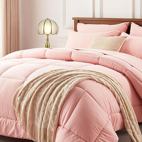 Newspin Juego de cama matrimonial en una bolsa, juego de edredón de 7 piezas rosa para todas las estaciones, juego de edredón ultrasuave con