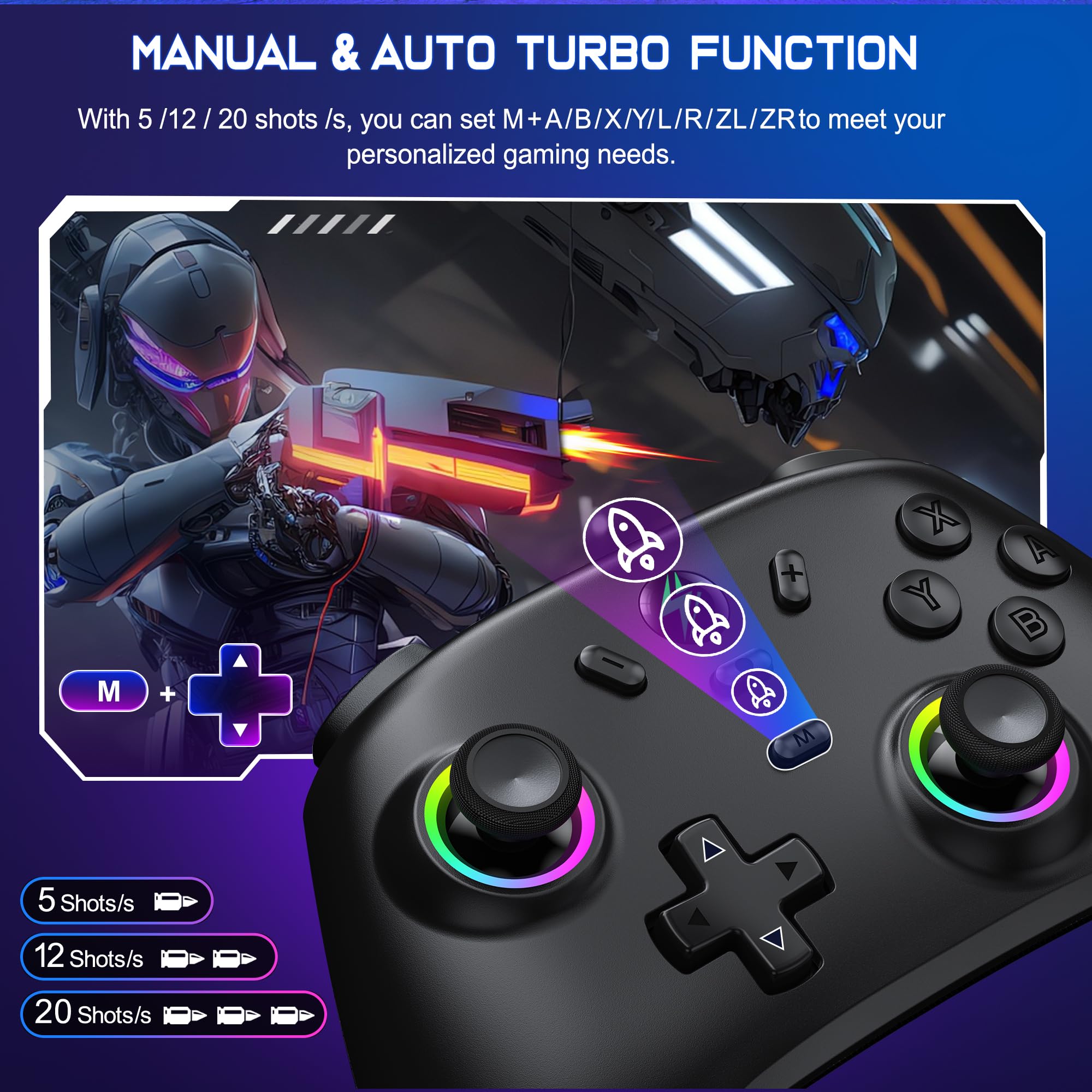 ALEEMTRY Switch Controller Compatible con Switch 2/Switch/Lite/OLED, Wireless Switch Pro Controller con RGB Hall Effect Joysticks/Batería de 1000 mAh/Turbo/Dual Vibration