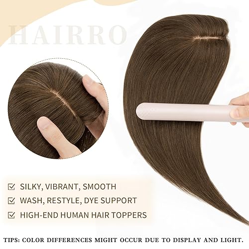 Miniatura 160 de Hairro 100% Real Human Hair Toppers for Women No Bang, Clip in Real Hairpieces, Breathable Silk Base for Covering Greyish Thinning Hair Loss on Top
