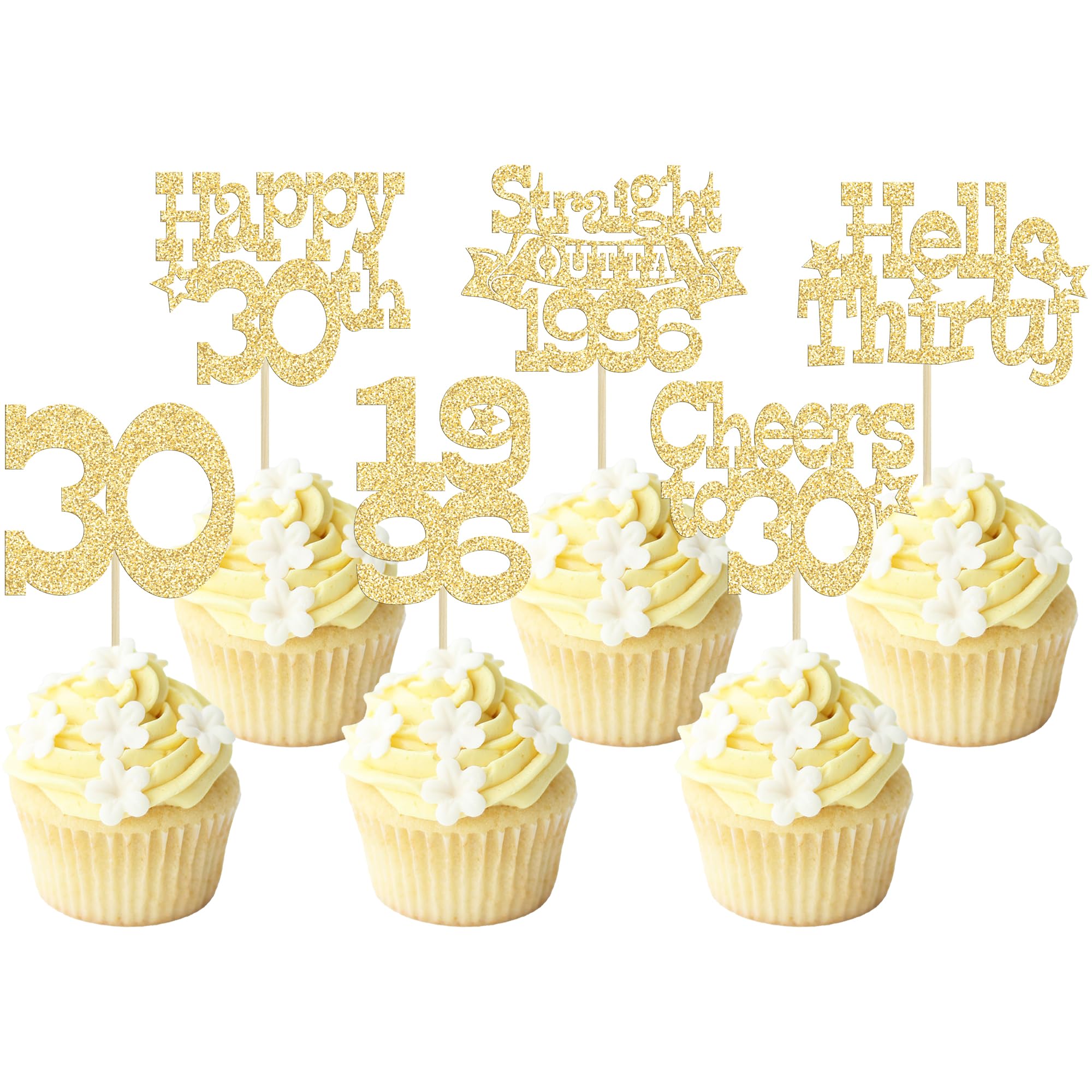 Ephlyn 30Pcs Happy 30th Birthday Cupcake Toppers Glitter Thirty Straight Outta 1996 Cupcake Picks Cheers to 30 Years Cake Decorations for Happy 30th Birthday Anniversary Party Supplies Gold