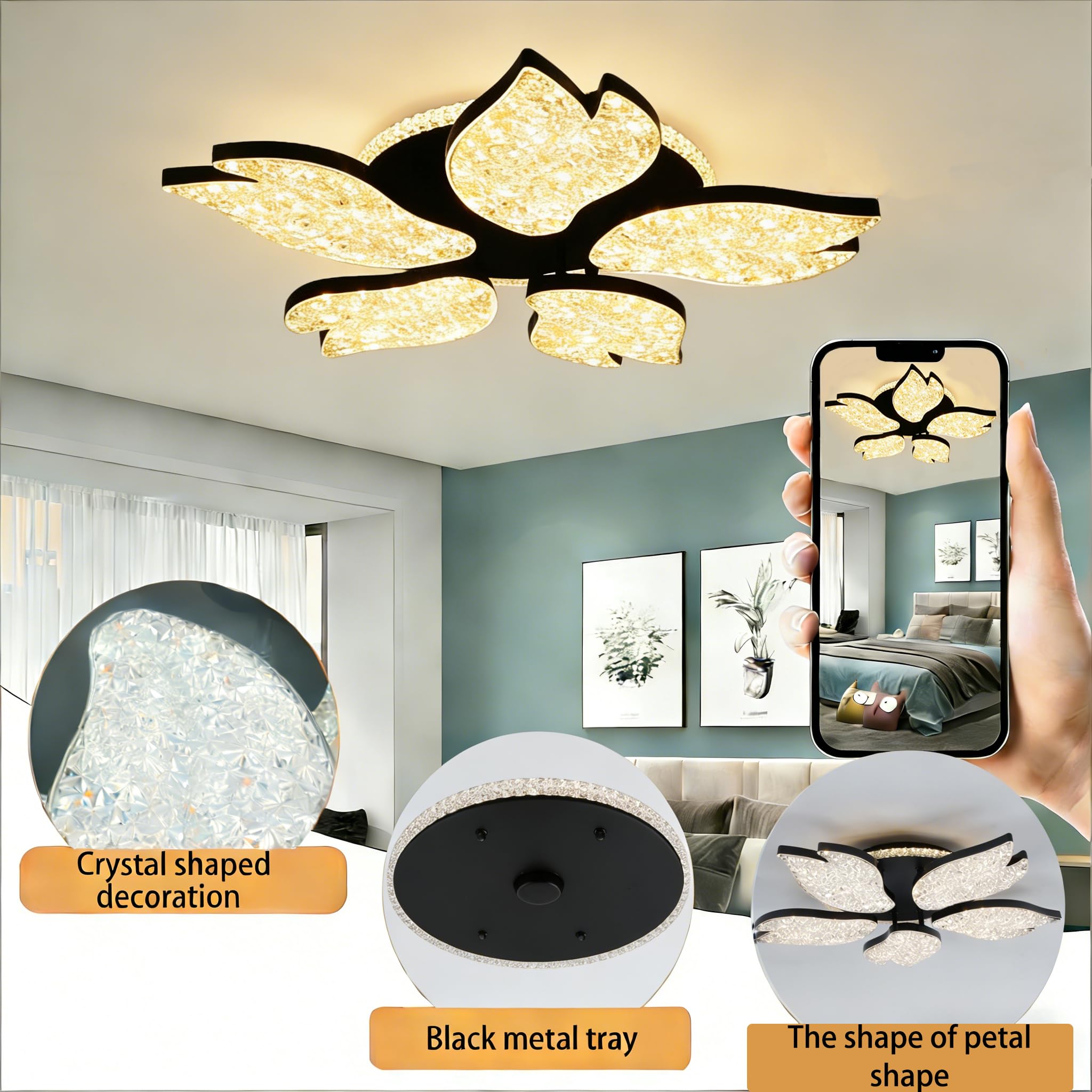 Możliwość ściemniania lampa sufitowa LED z pilotem zdalnego sterowania i aplikacją mobilną, z timerem i funkcją pamięci, nowoczesna lampa sufitowa 3000 K-6500K, sypialnia, jadalnia (czarna, 60 x