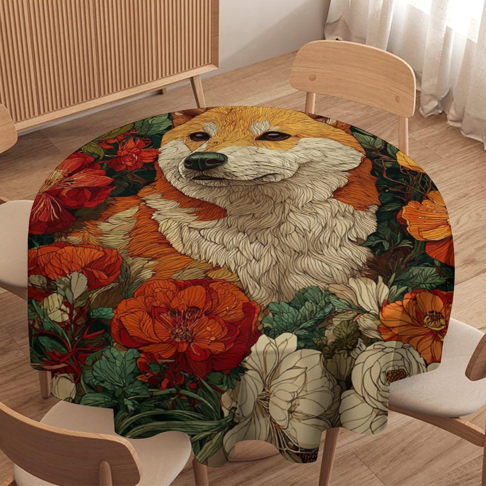 LUYYSKY Funny Abstract Cute Dogs Waterproof Round Tablecloth Colorful Watercolor Spring Garden Animals Dogs Puppies Flowers Washable Table Cover for Kitchen-91.4" Wx91.4 L cm