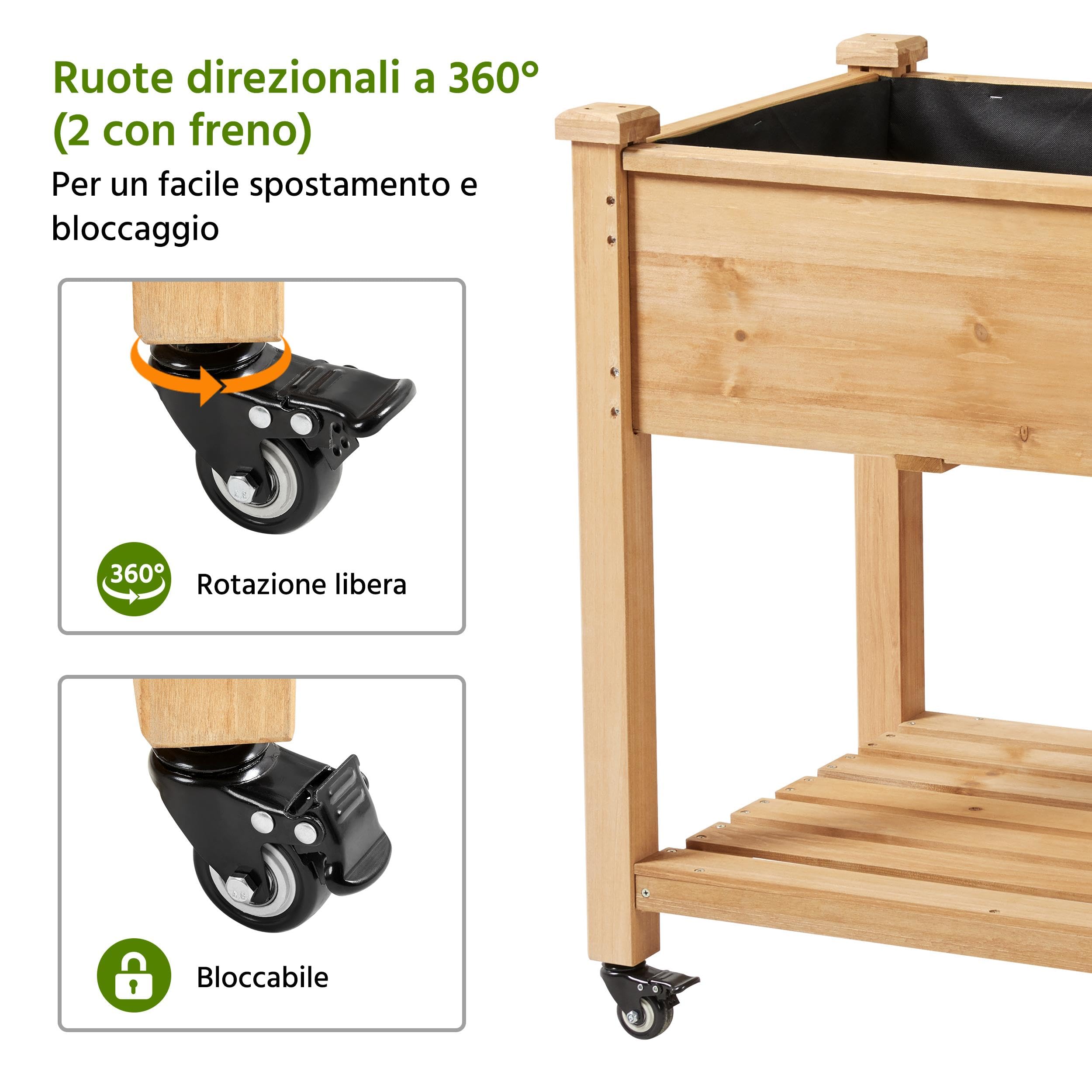 Yaheetech Fioriera/Aiuola Rialzata da Esterno Balcone Orto Letto Rialzato da Giardino per Piante in Legno Abete con Ruote Ripiano 105,5 x 56,5 x 83,5 cm