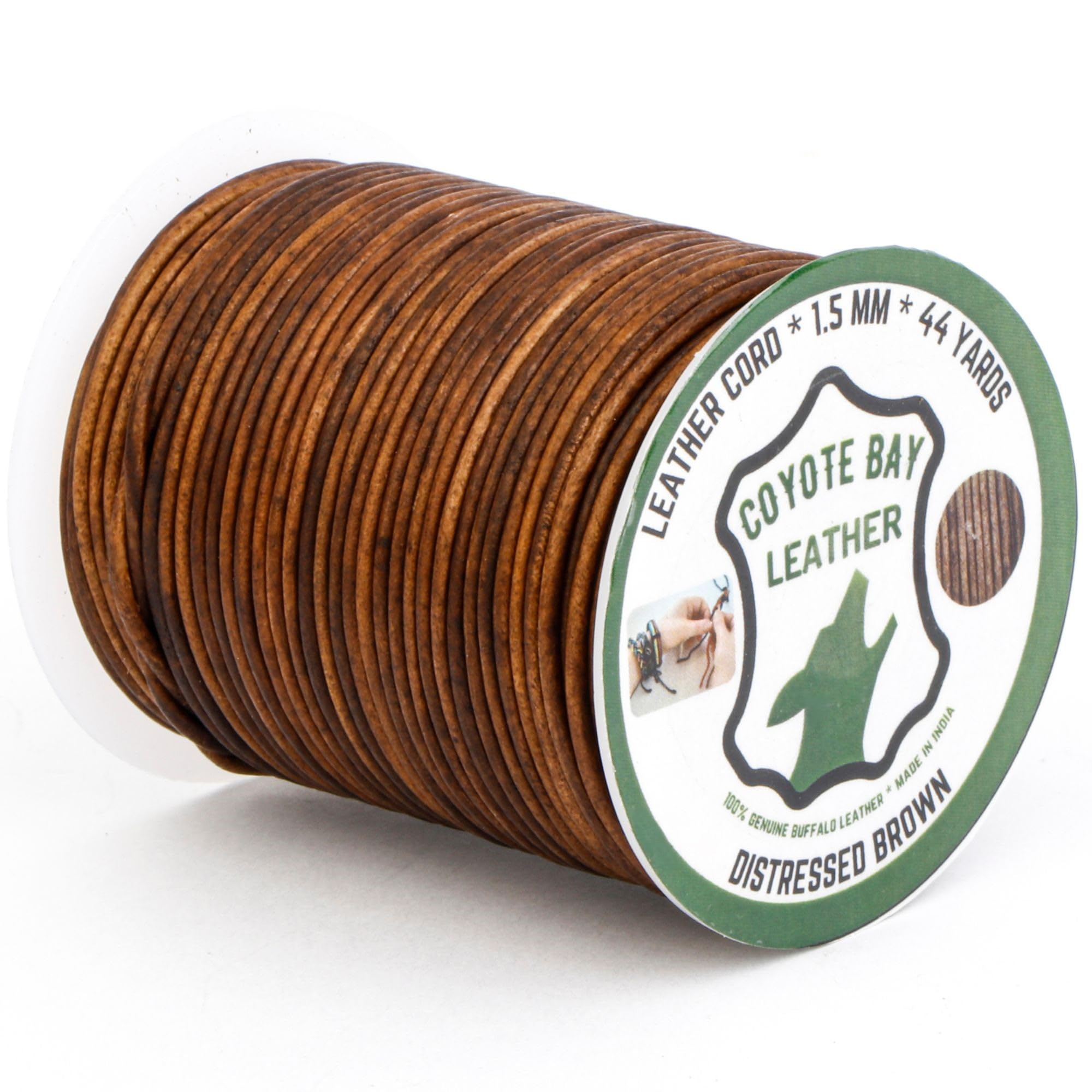 Coyote Bay® Leather Cord in Distressed Brown Color, 44 Yards Length, 1.5mm and 2mm Thickness, 100% Genuine Buffalo Leather, for Jewelry Making, Crafts, and Hobby Projects (Distressed Brown, 1.5 mm)
