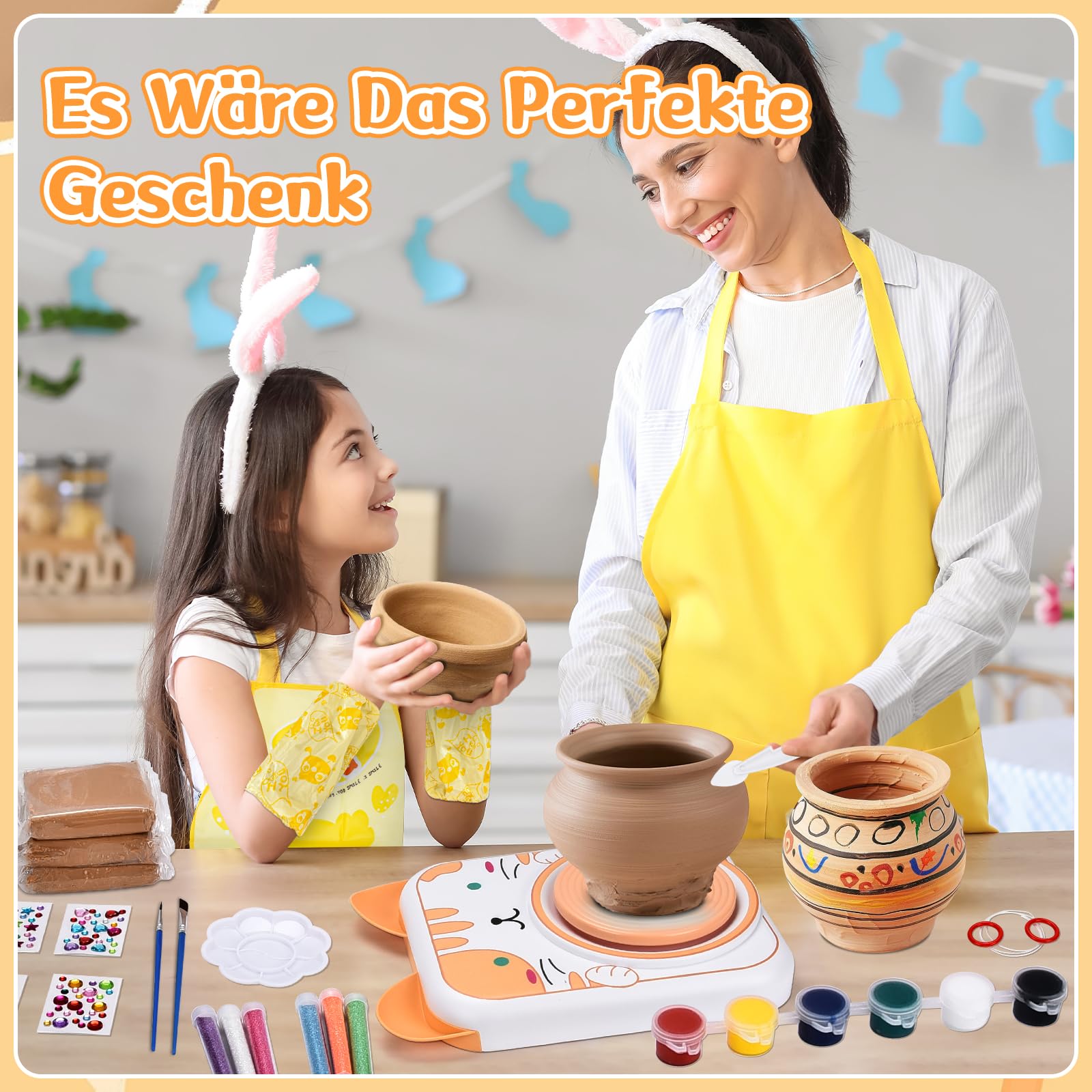 IEEILULU Töpferset für Kinder, Töpferscheibe Elektrisch für Kinder, Mini Töpferscheibe mit Töpferton, Farben, Diamant Aufkleber, Pottery Set DIY Töpfern Bastelset Geschenke Mädchen (Kaninchen)