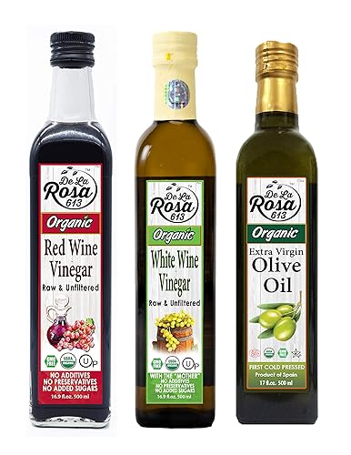 De La Rosa Aceite de oliva virgen extra orgánico, vinagre de vino tinto y blanco, 100% puro, vegano, kosher, sin OMG y sin gluten, ideal para De La Rosa Aceite de oliva virgen extra orgánico, vinagre de vino tinto y blanco, 100% puro, vegano, kosher, sin OMG y sin gluten, ideal para
