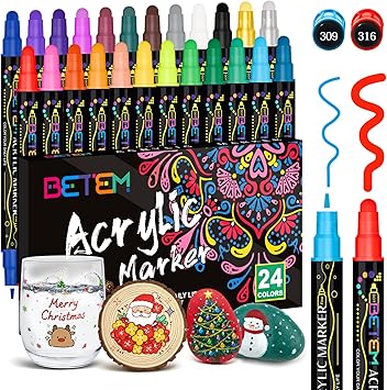 Betem 24 Colors Dual Tip Acrylic Paint Pens Markers, Premium Acrylic Paint Markers Stocking Stuffers for Rock, Wood, Fabric, Glass, Canvas, Ceramic, Christmas Gifts for Teens DIY Crafts Art Supplies