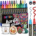 Betem 24 Colors Dual Tip Acrylic Paint Pens Markers, Premium Acrylic Paint Markers Stocking Stuffers for Rock, Wood, Fabric, Glass, Canvas, Ceramic, Christmas Gifts for Teens DIY Crafts Art Supplies