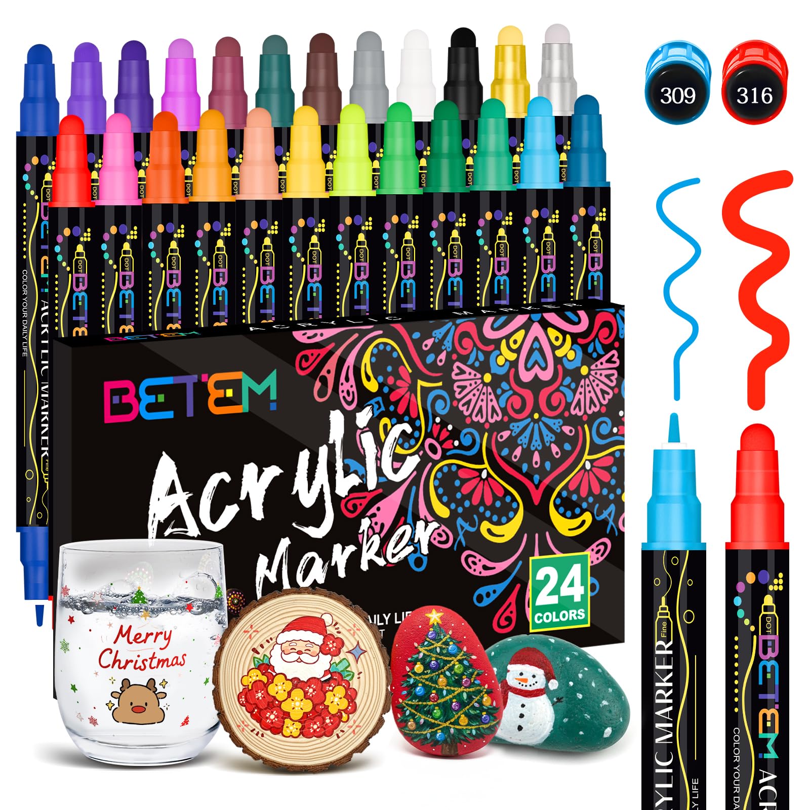 Betem 24 Colors Dual Tip Acrylic Paint Pens Markers, Premium Acrylic Paint Markers Stocking Stuffers for Rock, Wood, Fabric, Glass, Canvas, Ceramic, Christmas Gifts for Teens DIY Crafts Art Supplies