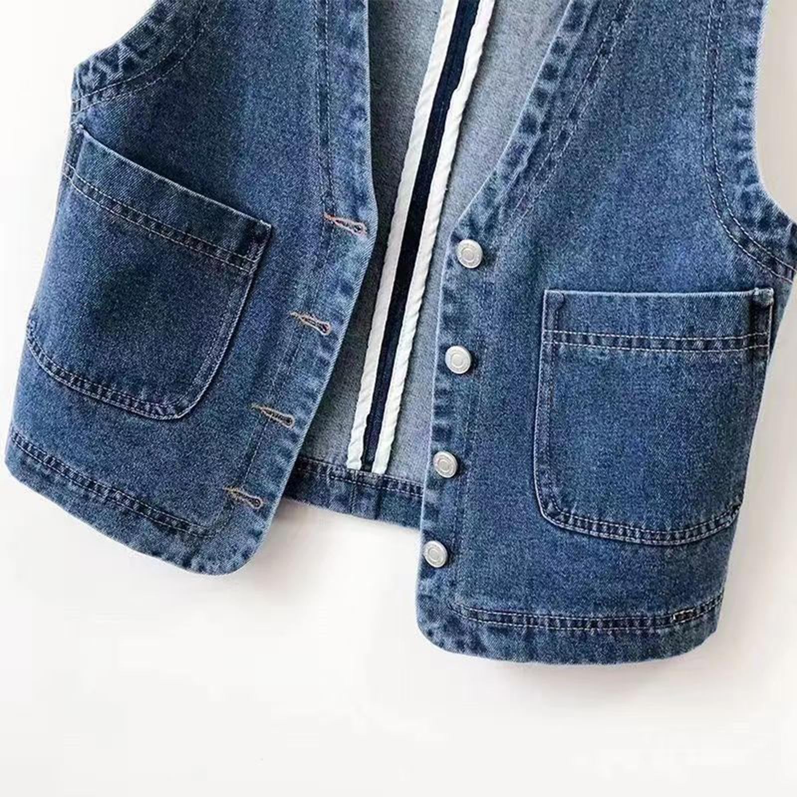Generisch Gilet en jean pour femme - Sans manches - Grandes tailles - Gilet d'été court - Gilet de motard avec col en V - Gilet de moto avec poches - Gilet de travail vintage - Veste en jean ample