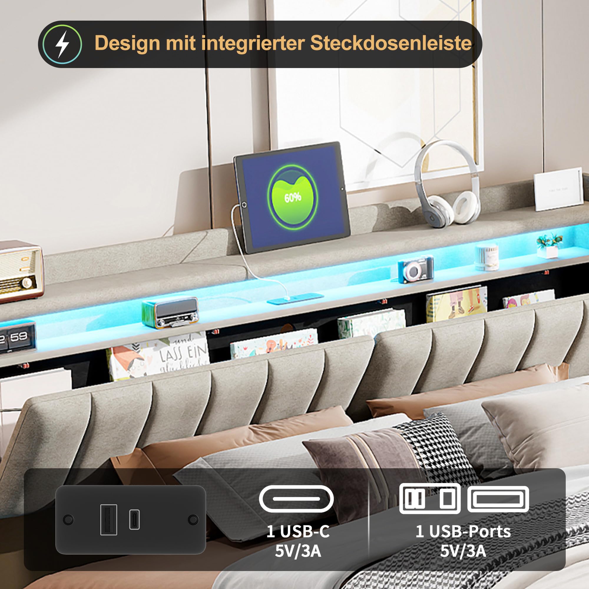 Łóżko 160x200 z pojemnikiem i oświetleniem LED,łóżko podwójne z tapicerowanym zagłówkiem,łóżko podwójne z listwowym stelażem dla dorosłych i nastolatków,hydraulicznie tapicerowana rama łóżka