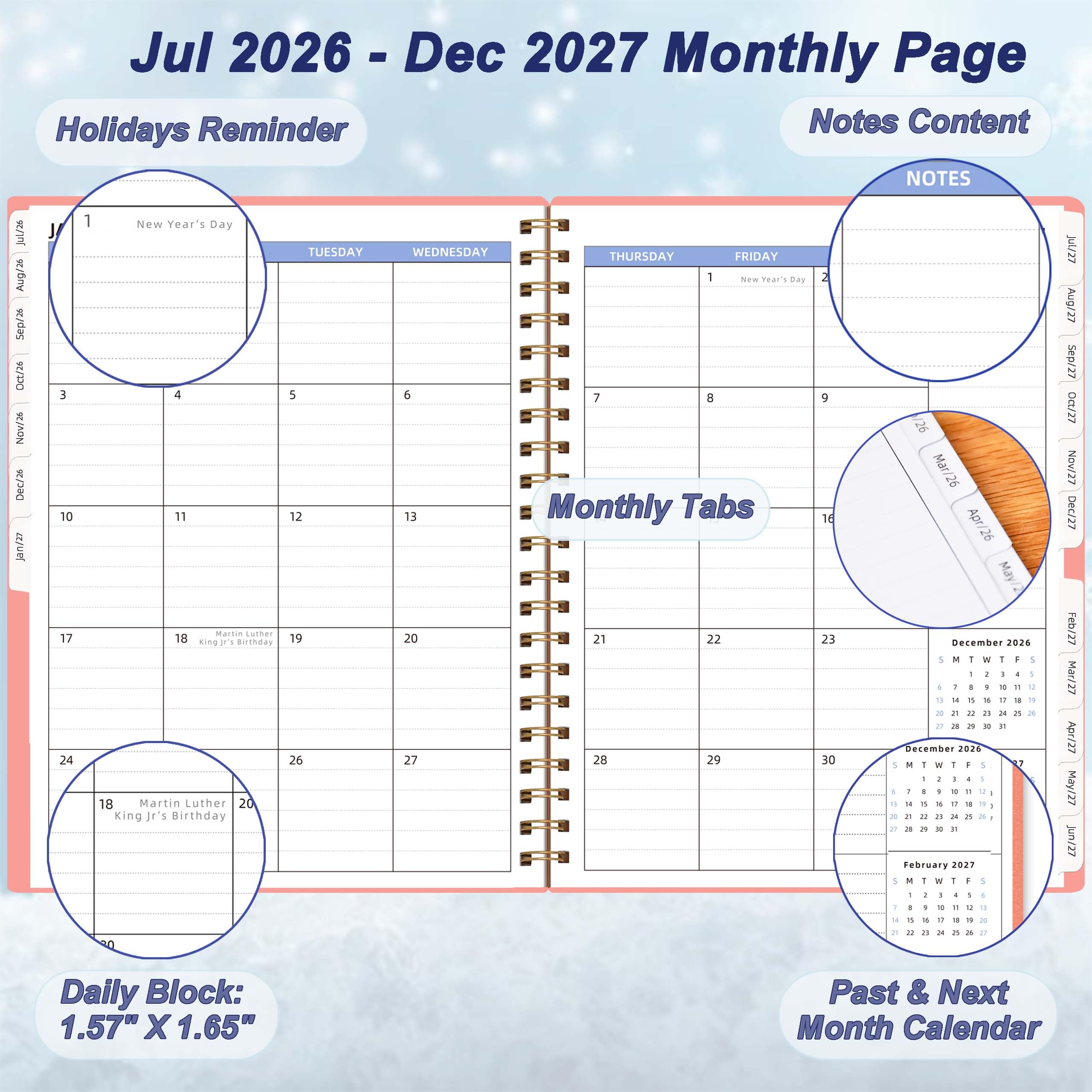 Monatsplaner 2026–2027, Juli 2026-Dez.2027, Agenda-Buch mit Registerkarten und Tasche, Rosa