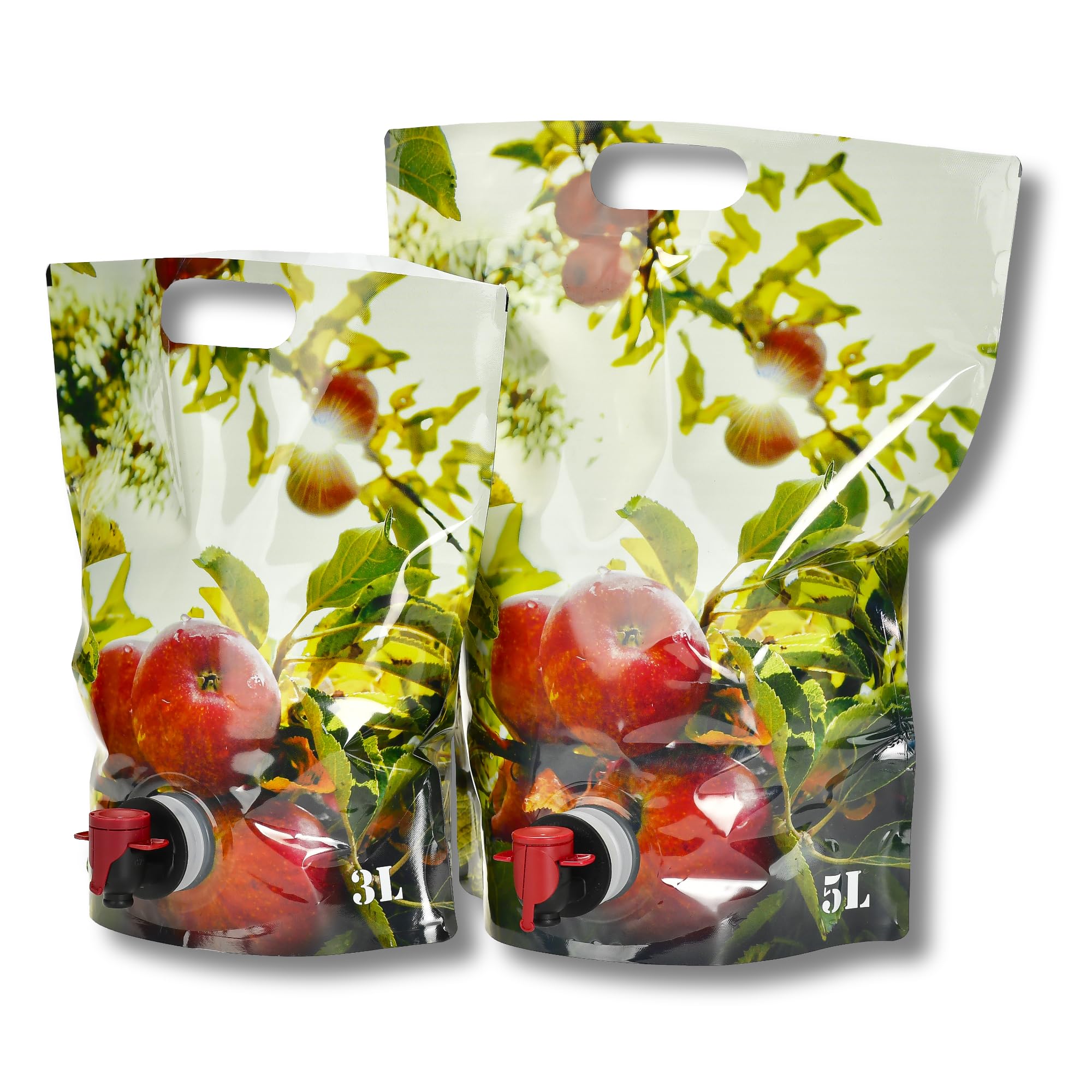 AGRI plus Standbodenbeutel 5 Liter I 250 Stück I Hochwertige Saftbeutel mit Apfel-Motiv I Faltbarer Camping- & Festival-Trinkbeutel mit Zapfhahn I Bag-in-Box-Beutel für Apfelsaft, Saft & Wein