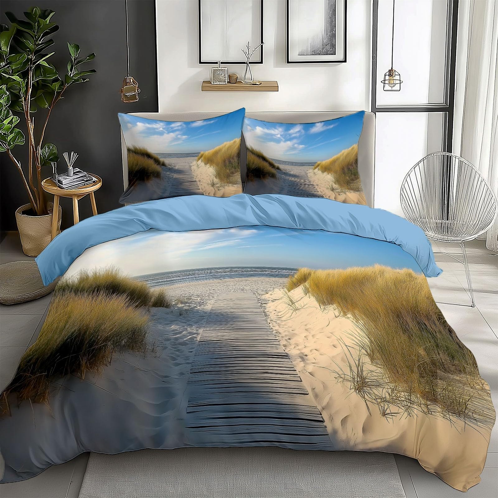 Blue Duvet Cover Queen Size for Kids Teen Sea View Beach Path Print Bedding Sets with 2 Pillowcase, Reversible Super Soft Bedroom Decor Bed Cover 3 Piece for Boys Girls