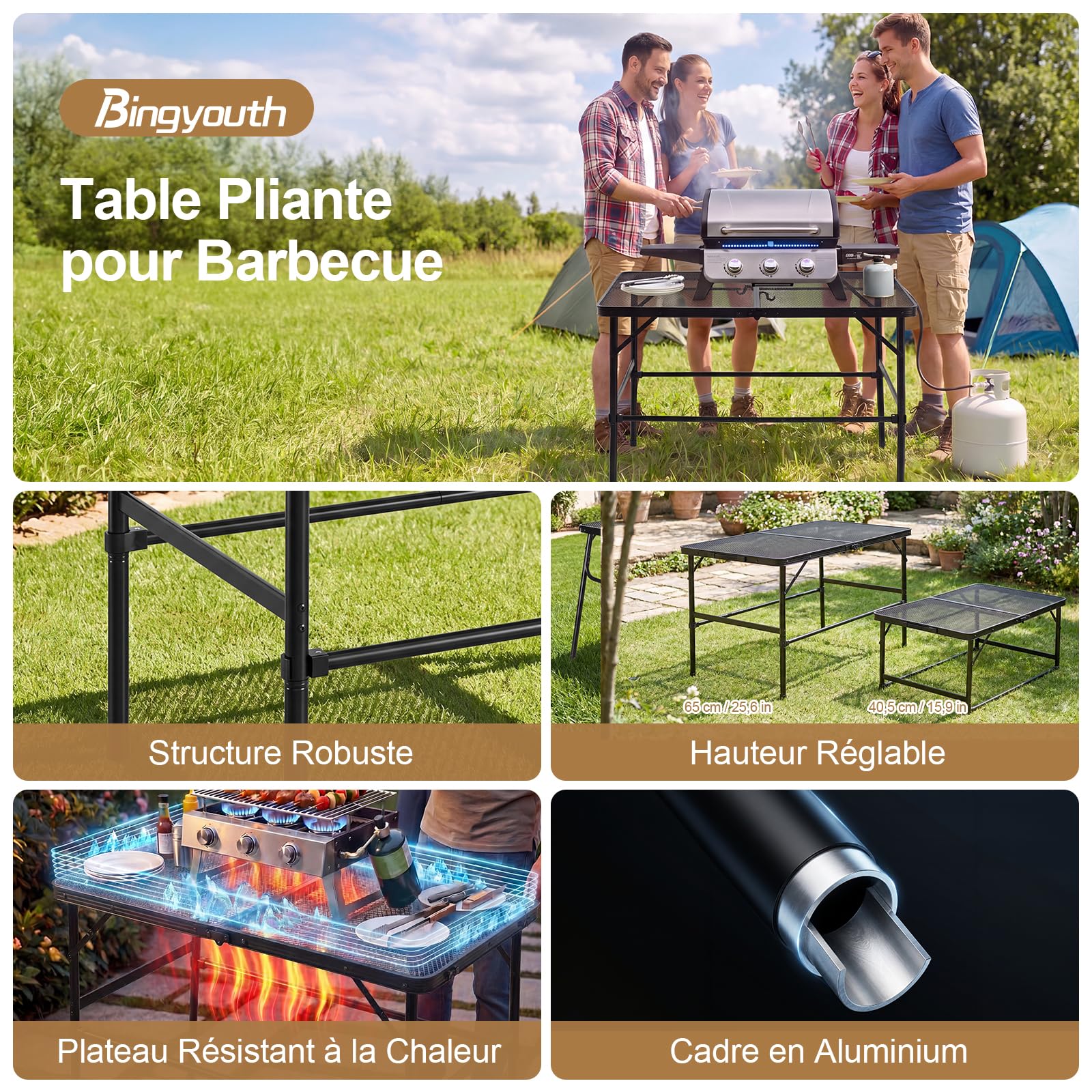 Table Pliante Extérieur 90x60 cm, Table pour Plancha Extérieur et Barbecue Pliable en Métal, Table Camping Légère 3,6 kg, Hauteur Réglable 40,5/65 cm, Charge 45 kg, pour Jardin Terrasse Camping