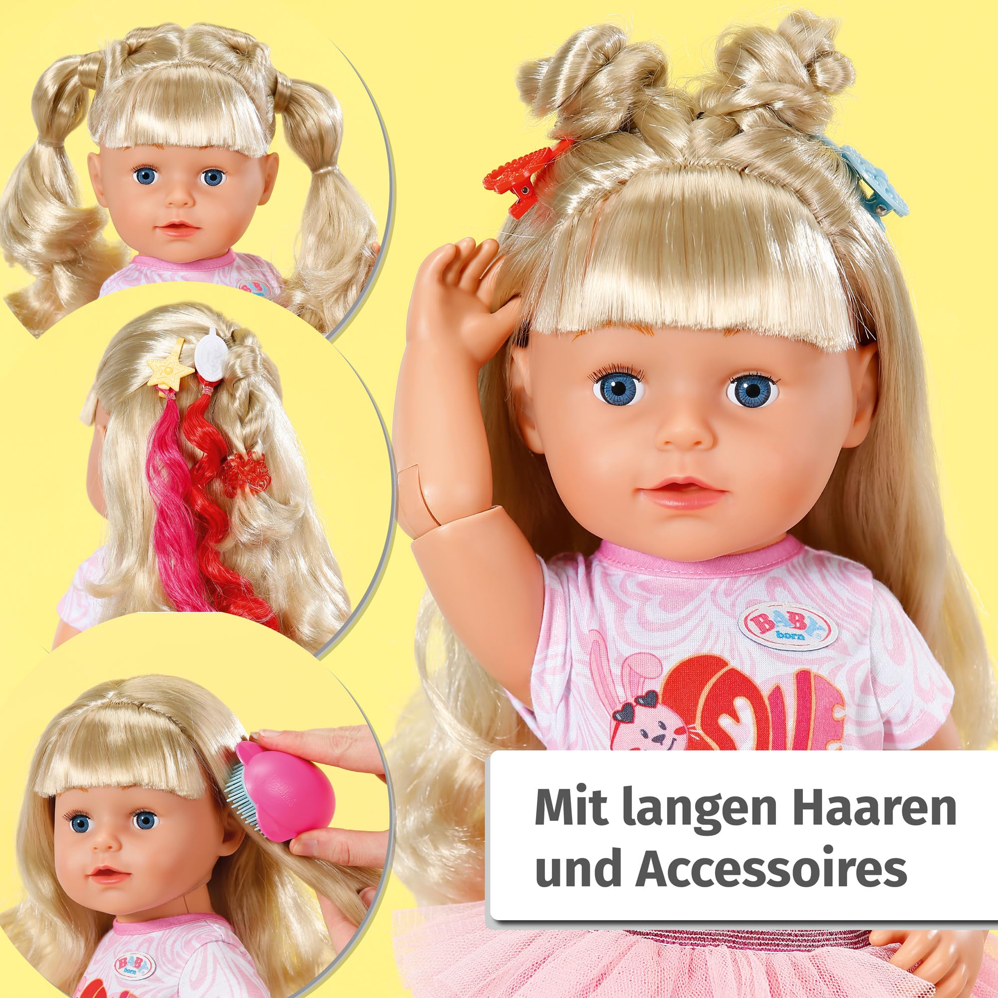BABY born Sister Play & Style, Puppe mit Haaren und 6 Funktionen für Kinder ab 4 Jahren, funktioniert ohne Batterie, 835401 Zapf Creation, Schwarz