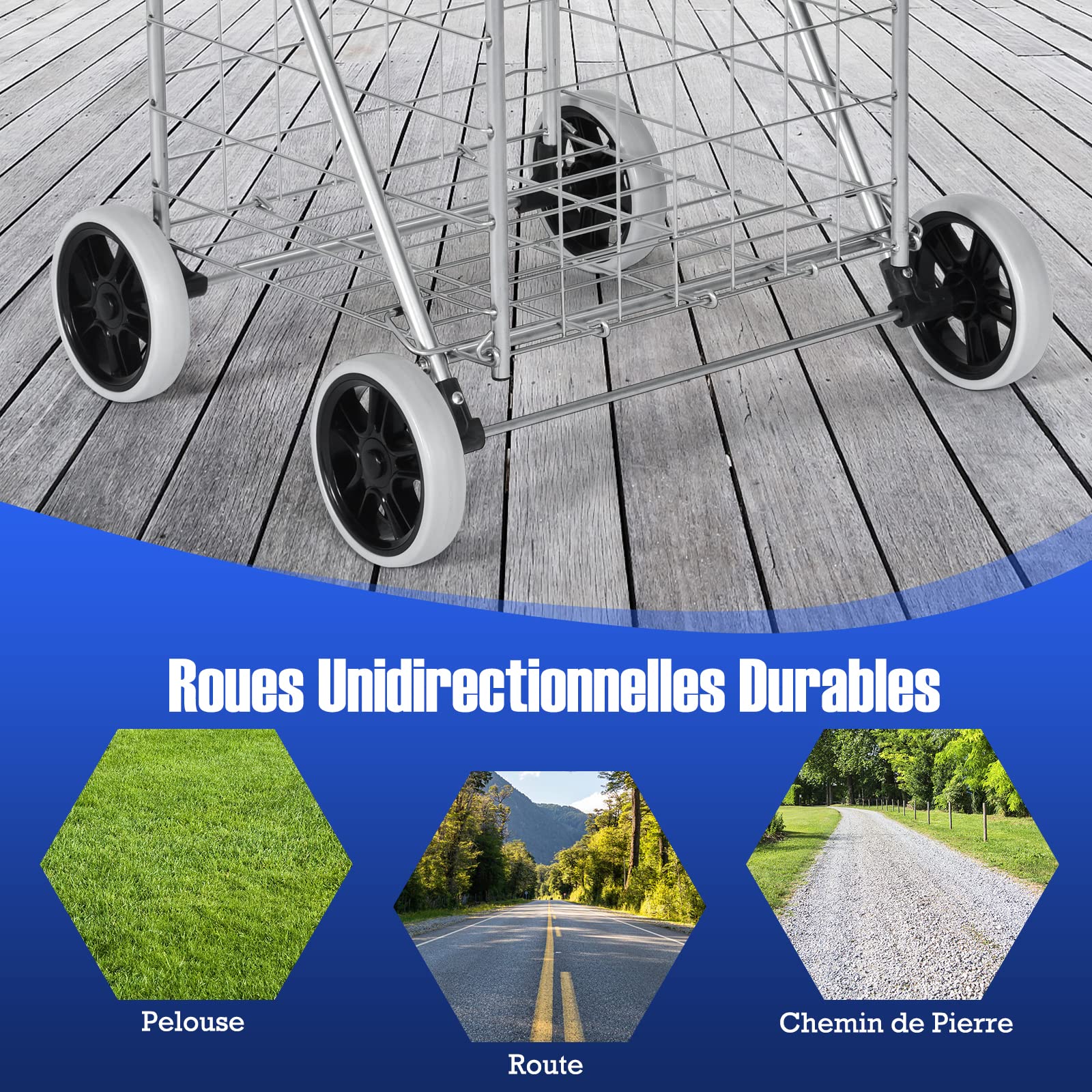 GYMAX Chariot de Courses Pliable, Caddie de Courses à roulettes, Capacité 83L, avec Poignée en Mousse, Pratique pour Provisions/Shopping/Supermarché（M）