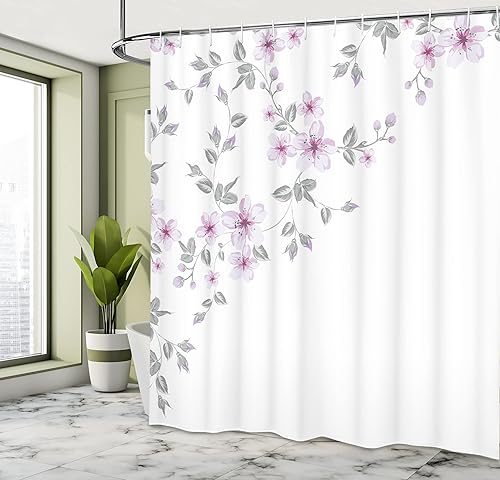 Miniatura 4 de Ambesonne Cortina de ducha asiática, ramas de cerezo Sakura japonés, naturaleza fresca y serena de primavera, juego de decoración de baño de tela