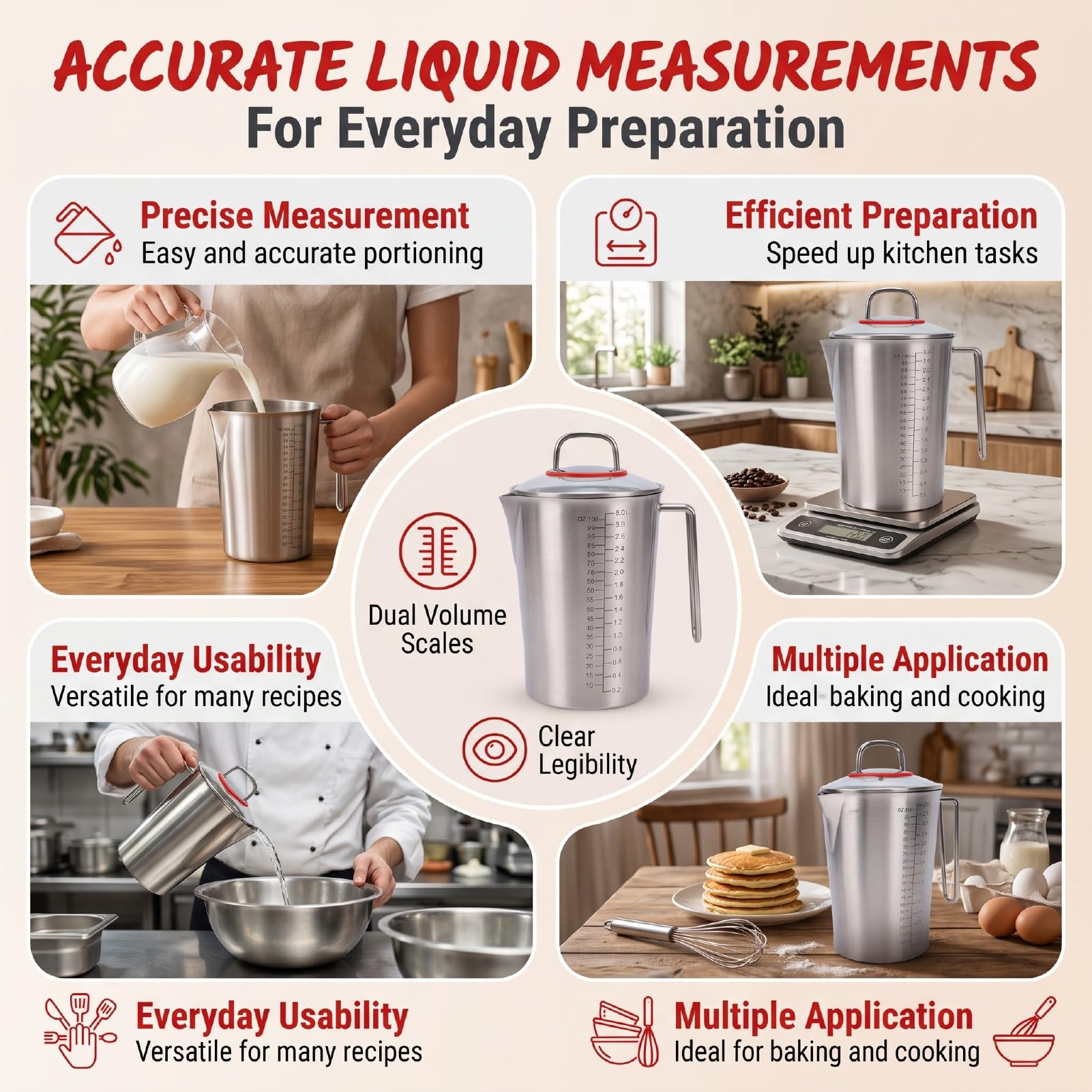 Zerodis Vaso Medidor de Acero Inoxidable de 3000 Ml con Asa para Medir