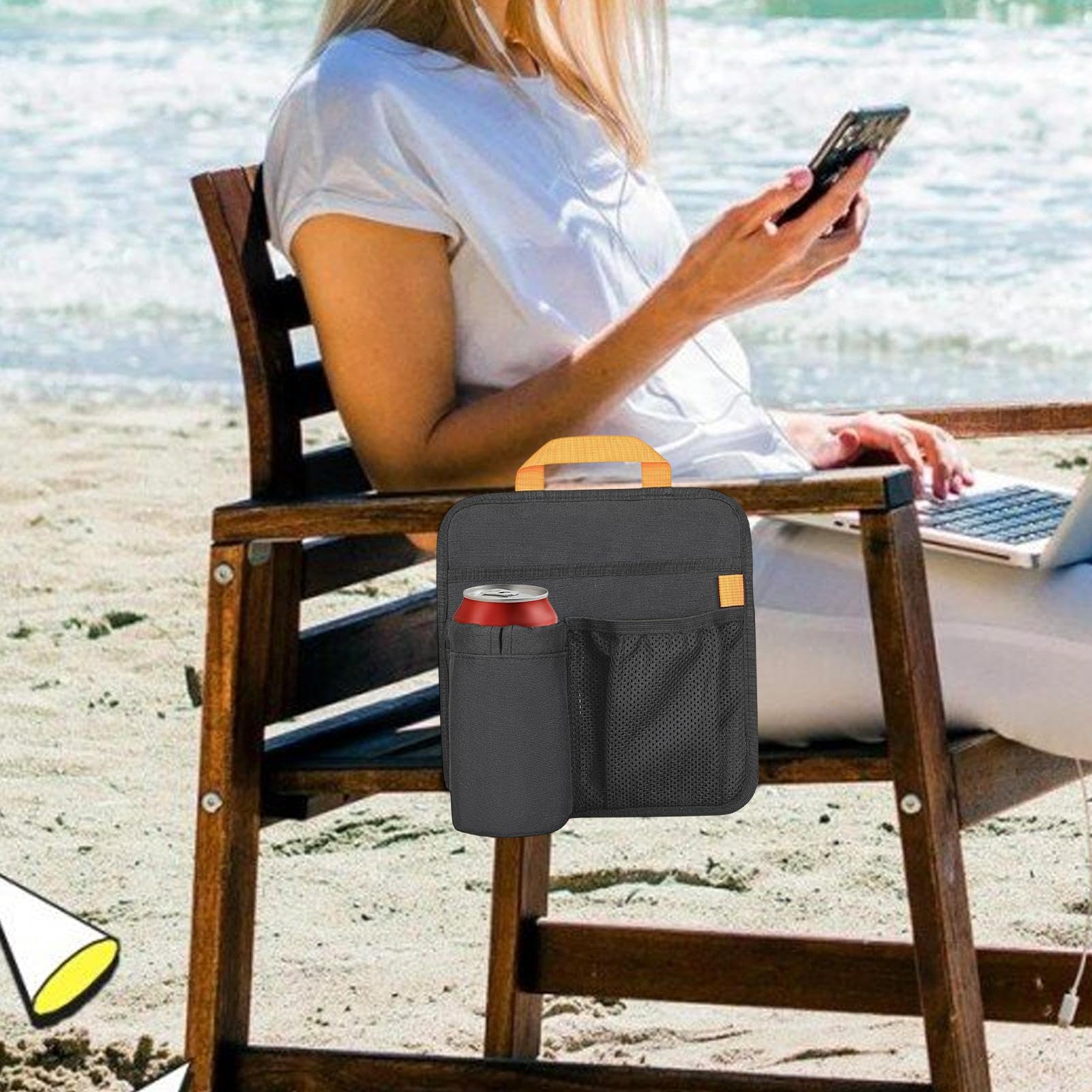 Portavasos para silla de playa, organizador lateral de silla, organizador multifuncional para exteriores, césped, patio, mochilero, teléfono, gafas de sol, aperitivo