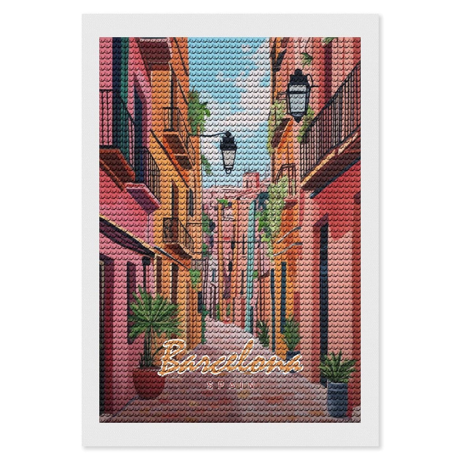 Junmoney Barcelona Street Painting Diamond Painting Set 8"x12", for Beginners, Modern Decor, Simple to Start, Gift Idea, Pleasing Wall Art Project