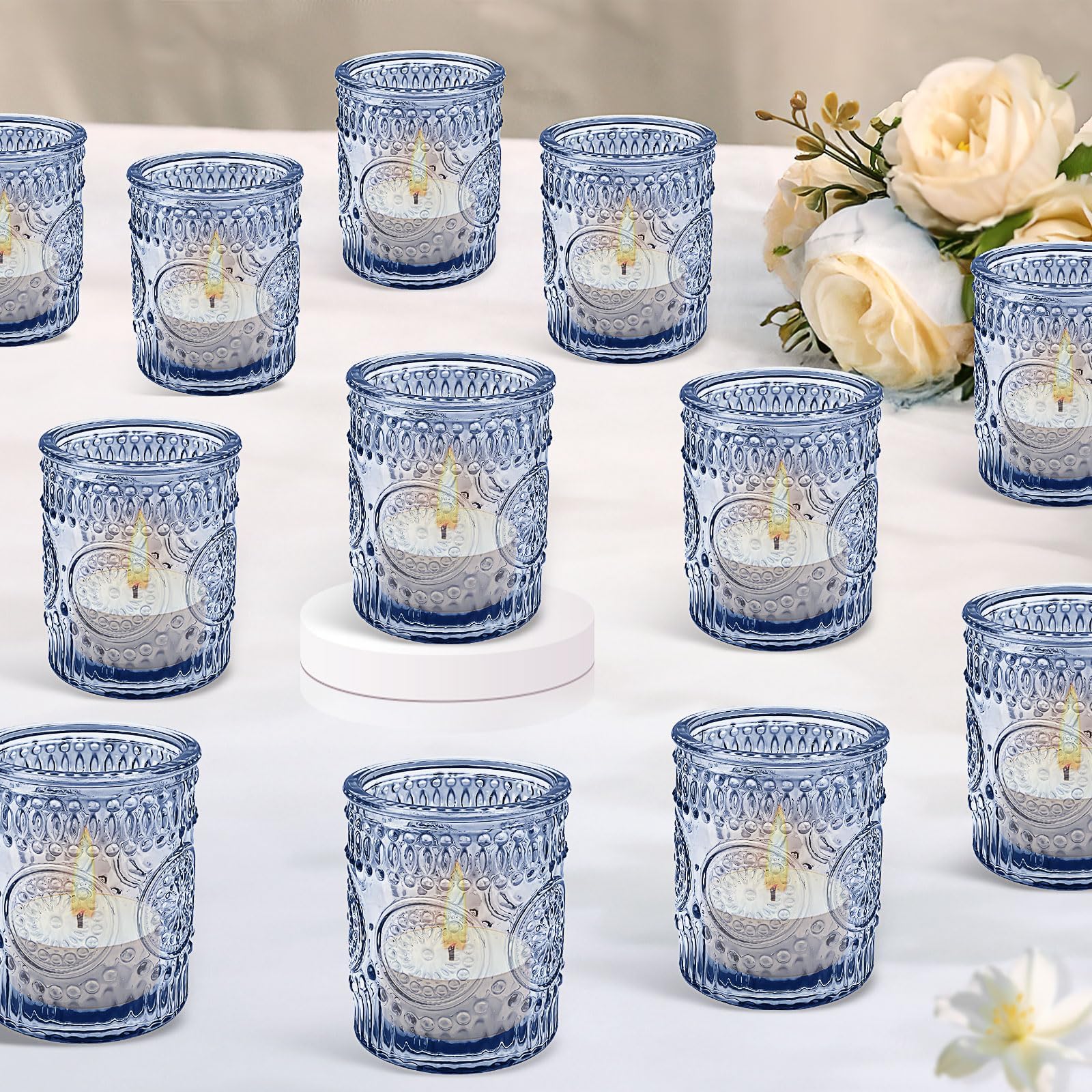 Lot de 24 bougeoirs en verre bleu vintage bohème pour Noël, fête prénuptiale, centre de table, salon, maison, fête