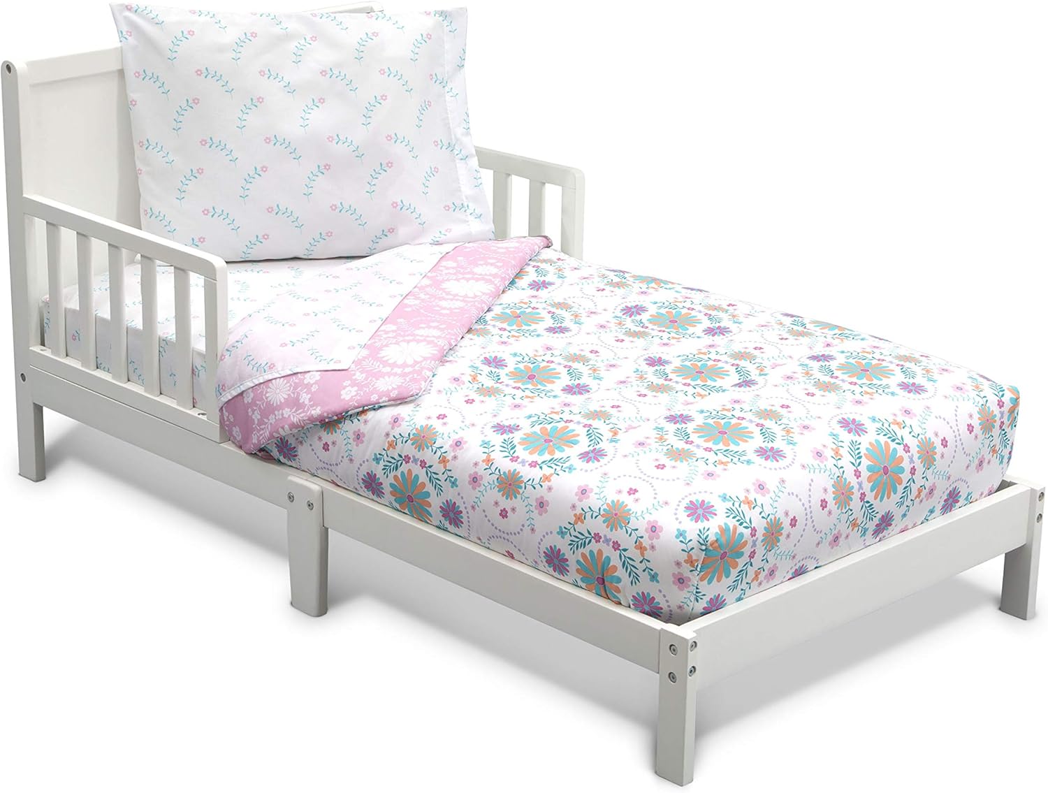 Delta Children 4 Piece Toddler Bedding Set for Girls - Reversible 2-in-1 Comforter - Includes Fitted Comforter to Keep Little Ones Snug, Bottom Sheet, Top Sheet, Pillow Case - Pink Bohemian Pink/Blue