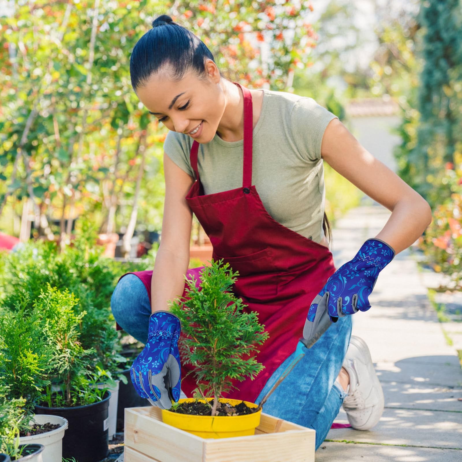 Gants de jardinage en cuir résistant pour femme - Anti-épines - Pour écran tactile - Cadeau de travail - Bleu - Taille M