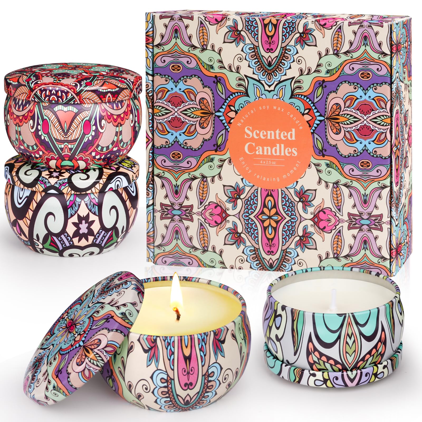 Regalos Originales para Mujer,Velas Aromáticas,Ideas Regalo Mujer, 4 Velas con Aroma Floral,Velas de Cera de Soja Natural, Sin Humo, Larga Duración de Combustión