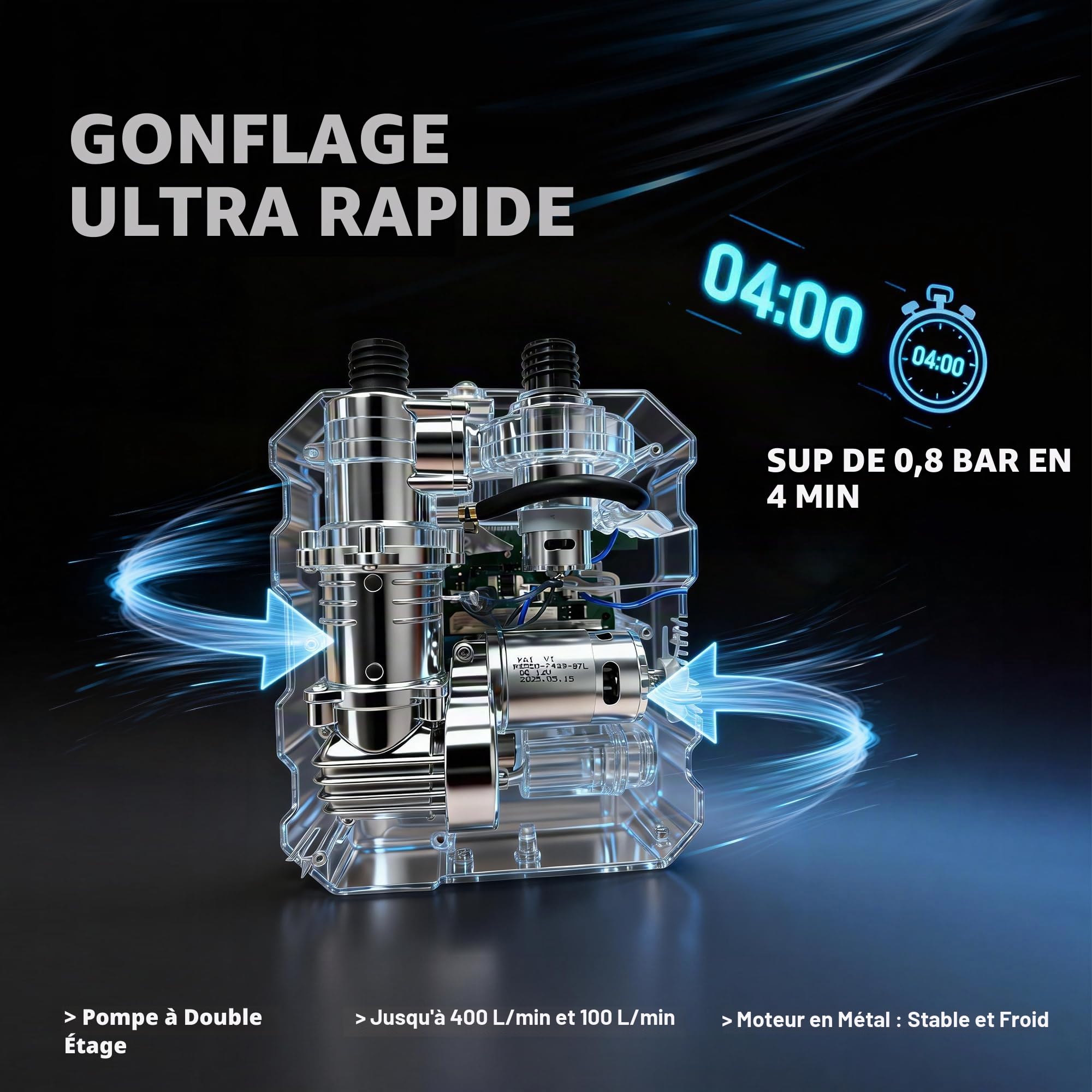 Origem 60 PSI Gonfleur Paddle Électrique, 20800 mAh Pompe Électrique Paddle Rechargeable, Gonflage/Dégonflage en 4 Minutes, 10 Embouts, Pompe Sup pour Planches de Paddle,Kayak, Bateau et Tente