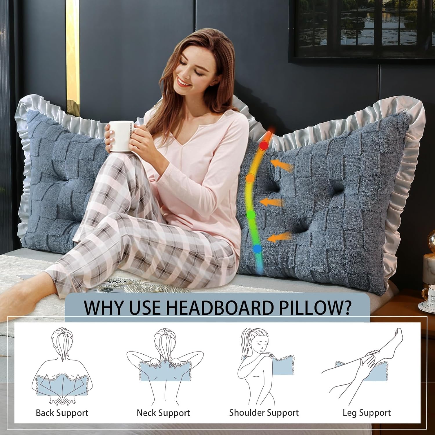 ROOMLIFE Headboard Pillow Crown Princess Soft Bed Pillow for Headboard Backrest Positioning Support Bed Rest Reading Pillows Lace Process Headboard Pillows with Removable Cover(Full, 22x47 Inches)