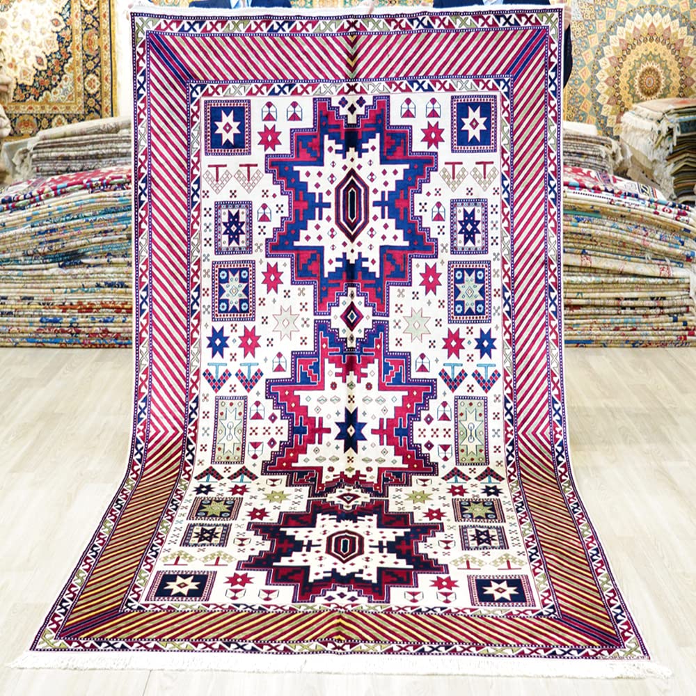 Yuchen Rug Silk Carpet 5x8 Pink Geometric Hand Knotted Oriental Area Silk Rug for Bedroom