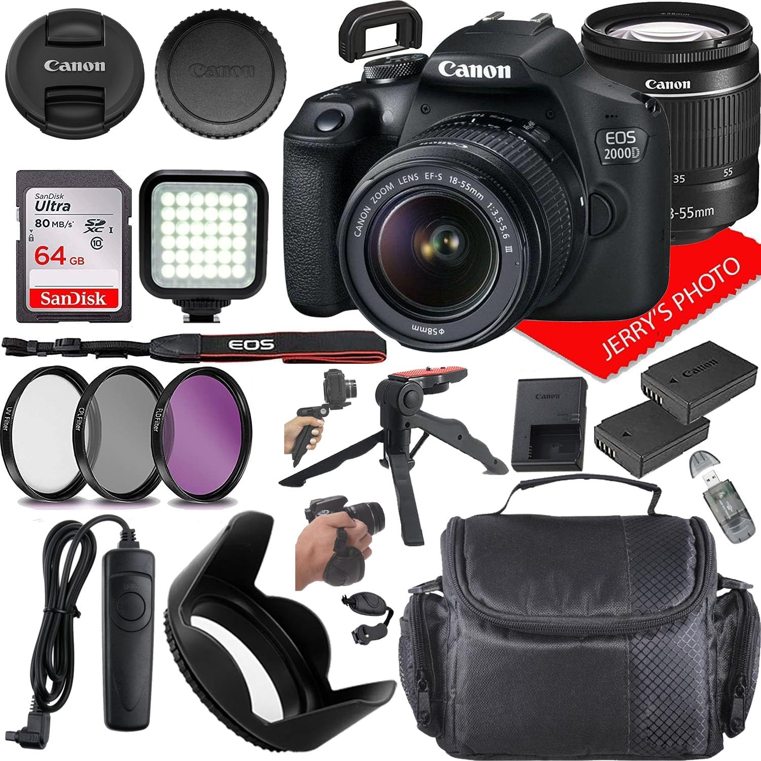 Canon EOS 2000D (Rebel T7) DSLR Camera w/Canon EF-S 18-55mm F/3.5-5.6 DC III Zoom Lens + Extra Battery + Case + 64GB Memory (20pc Bundle) (Renewed)
