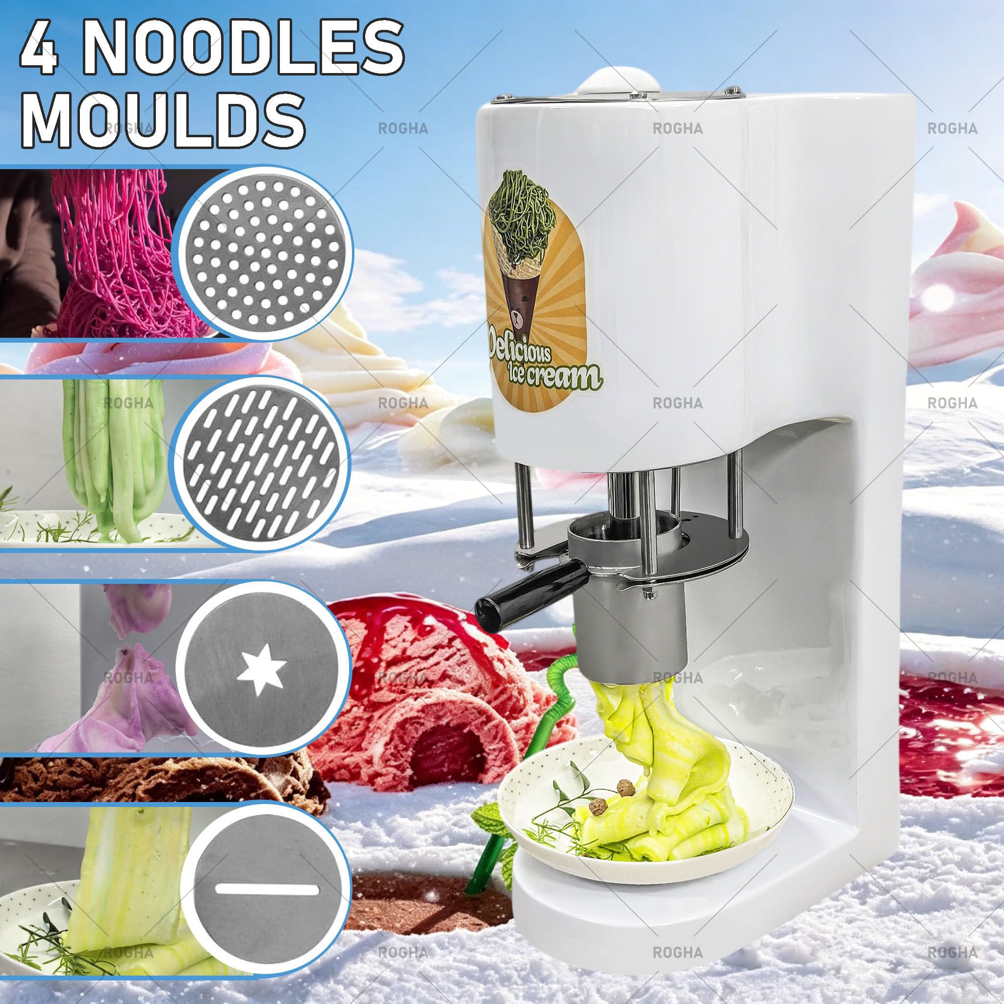 Máquina Comercial para Hacer Helados Tipo Espagueti, 80 W, con Tolva de Acero Inoxidable de 0,42 L y 4 Moldes de Formas. Extrusora Profesional de Fideos de Helado Red