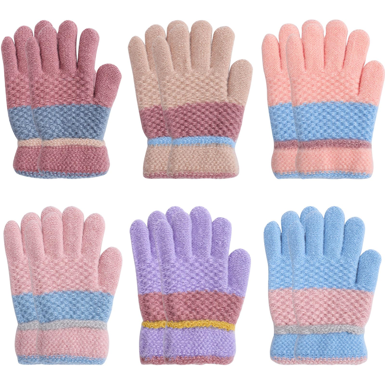 Fjquamitix 6 Pairs Kids Winter Gloves Knitted Colorful Thermal Gloves Stretchy Full Fingers Warm Glove for Children Boys Girls Ages 5-10 (Girls)